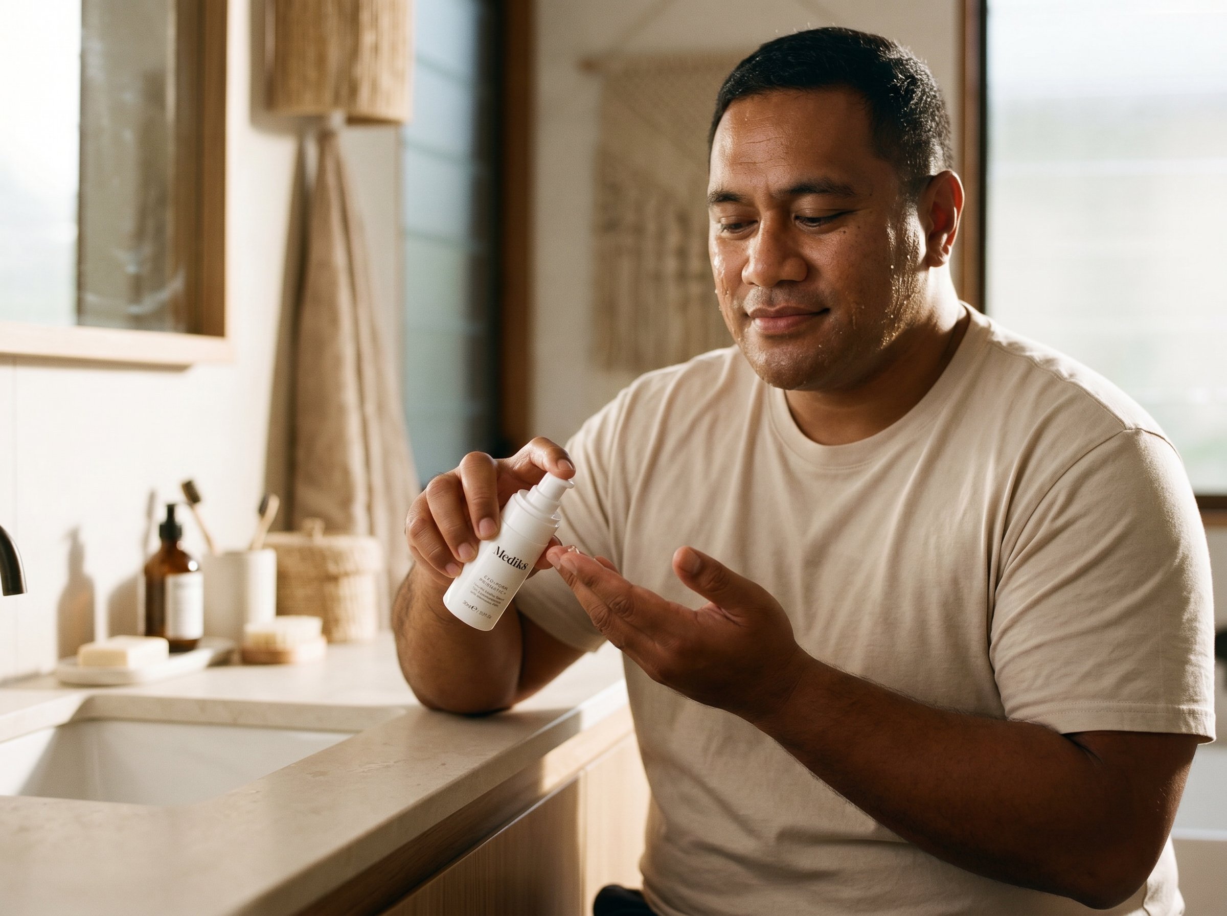 39-year-old Pacific Islander Australian man with brown skin applying serum in a bathroom in warm morning light