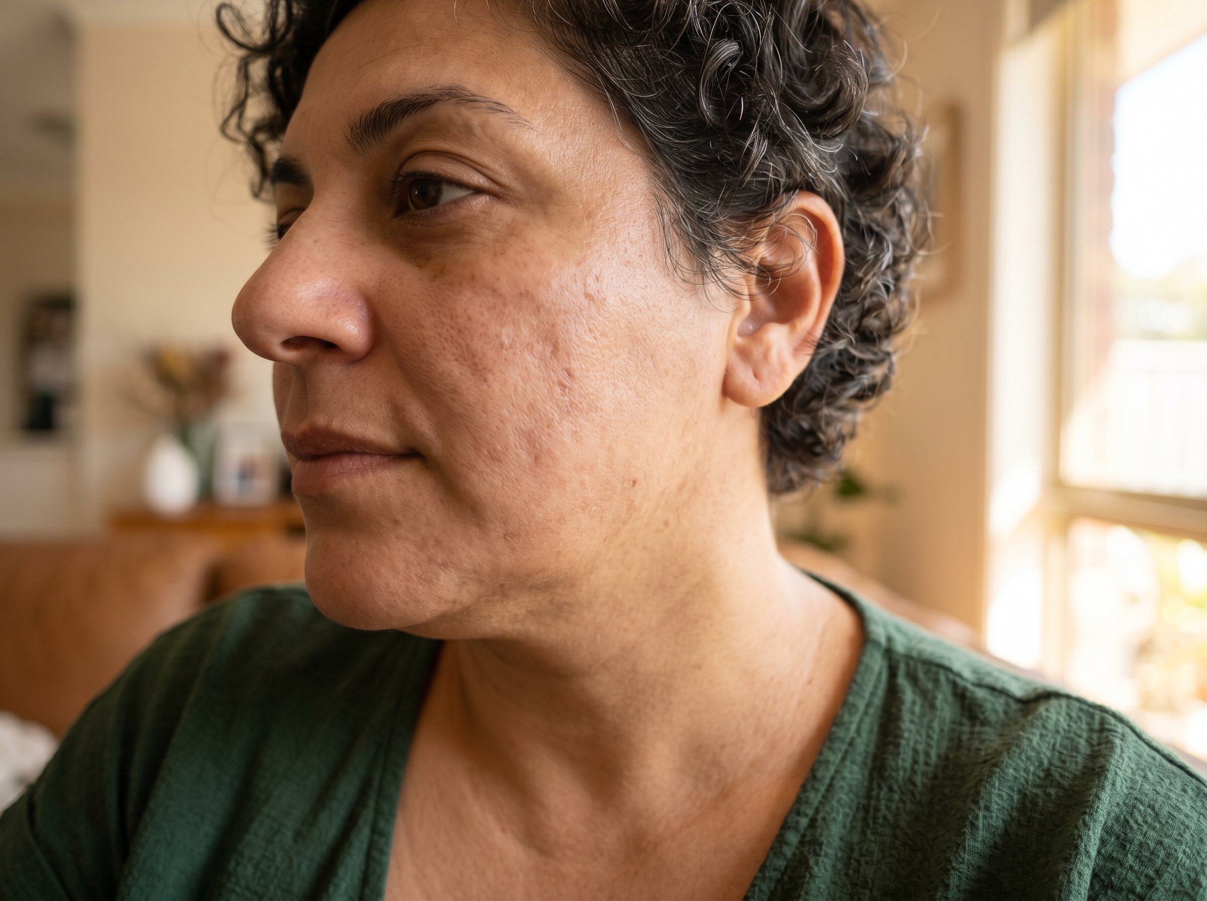 49-year-old Middle Eastern Australian non-binary person with medium skin tone, close-up of cheek showing fading post-acne marks in warm natural light