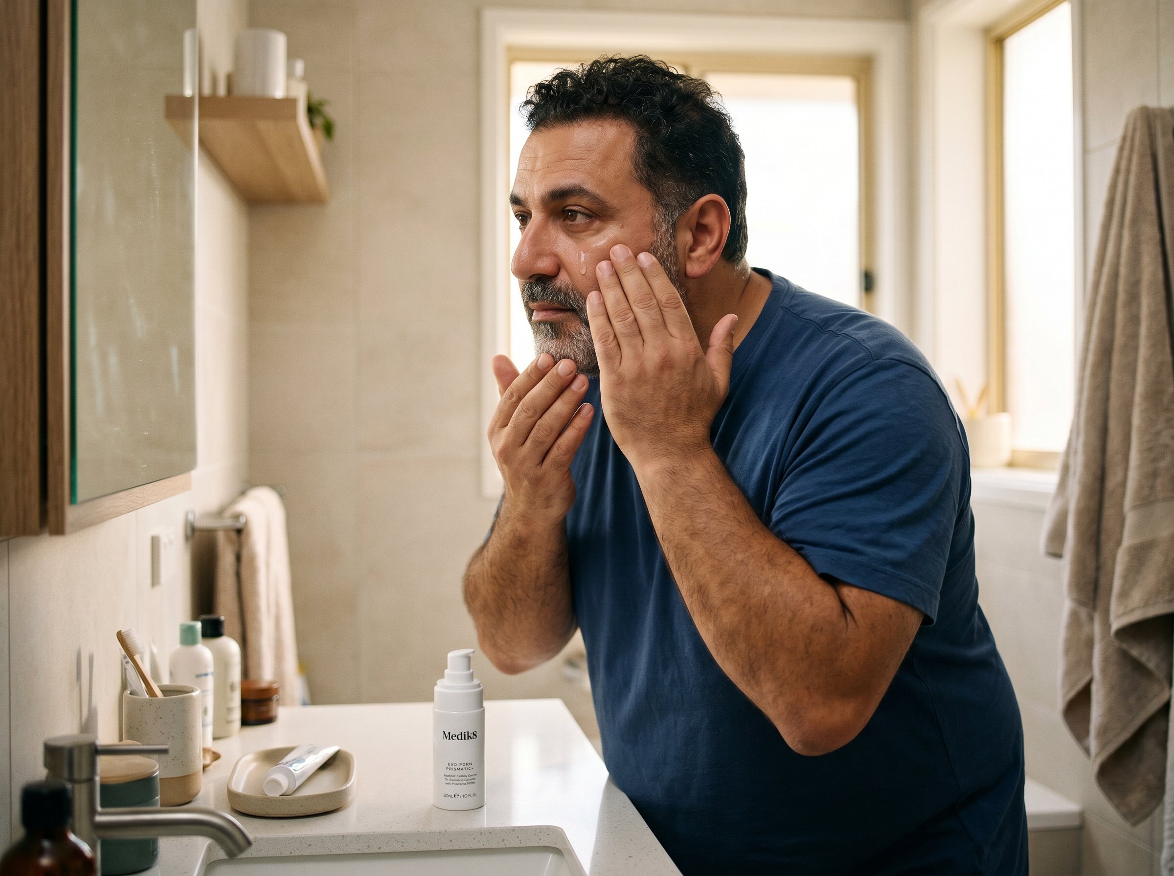 51-year-old Middle Eastern Australian man with brown skin applying a serum to his face in a bathroom, with the Exo-PDRN Prismatic+ bottle visible on the counter