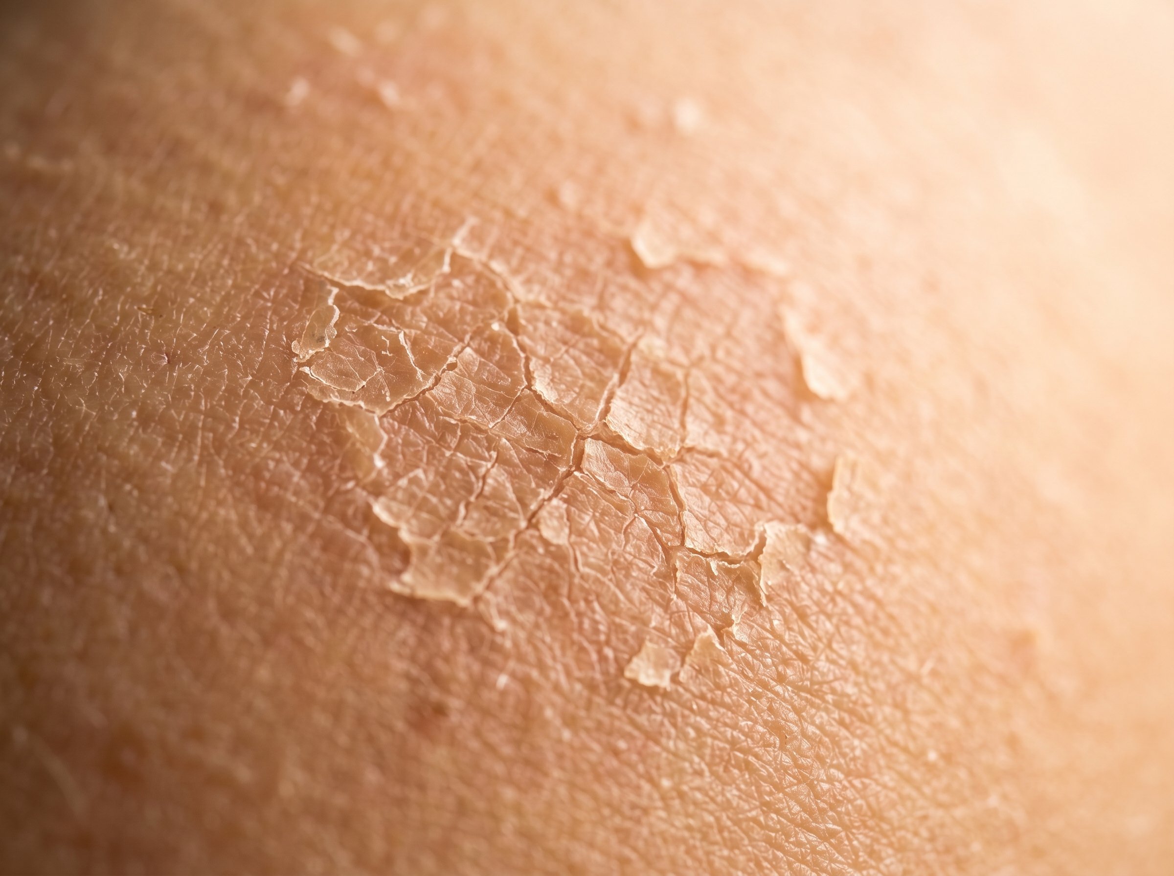Extreme macro close-up of dry, cracked skin surface texture showing compromised barrier with visible fine lines and flaking