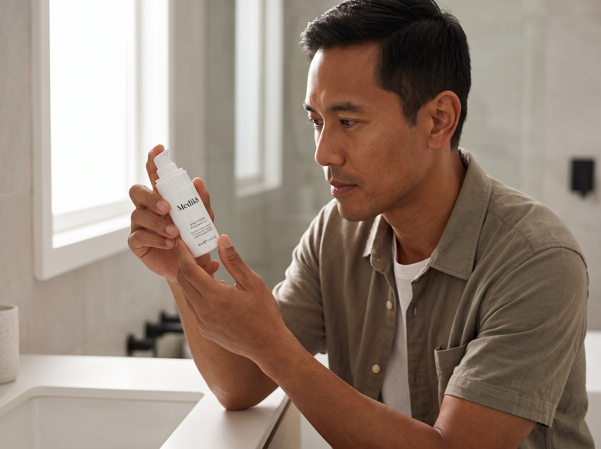 39-year-old East Asian Australian man with brown skin and slim build reading a skincare serum label at a bathroom counter in morning light