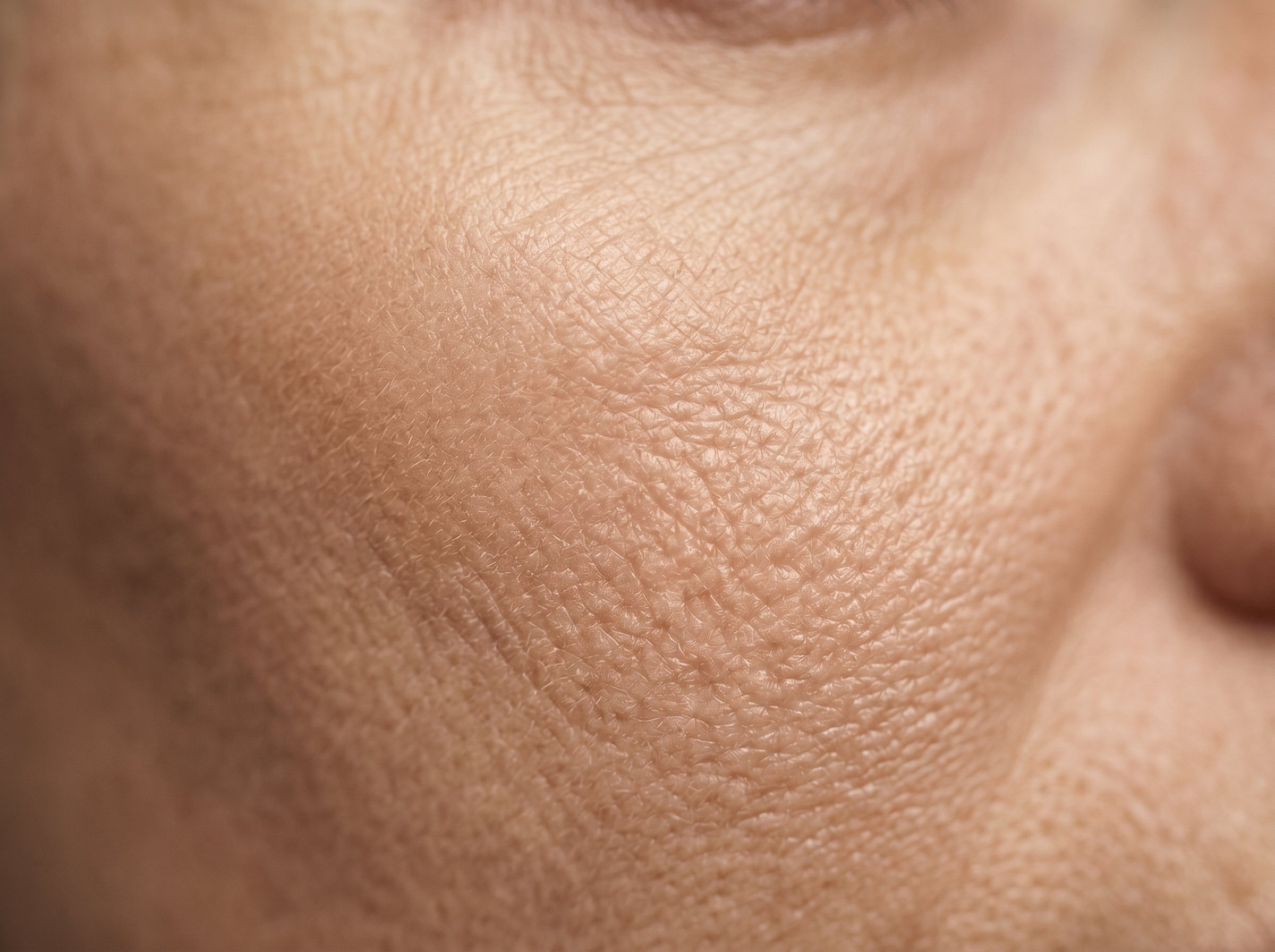Extreme close-up of skin surface showing fine lines and texture, photographed in warm directional light