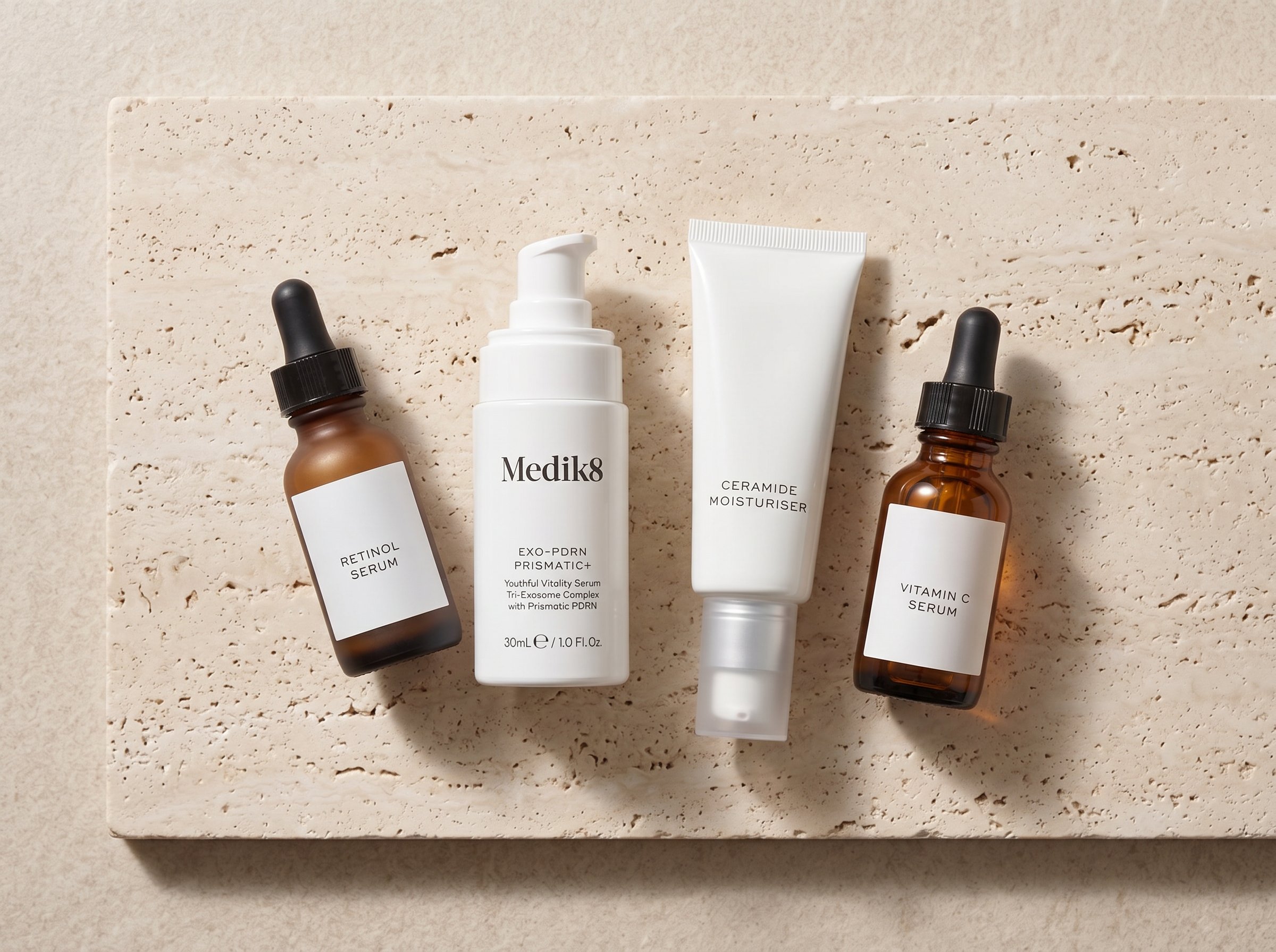 Flat lay of four skincare products on a pale stone surface representing a complete ageing routine: retinol, serum, ceramide moisturiser, and vitamin C