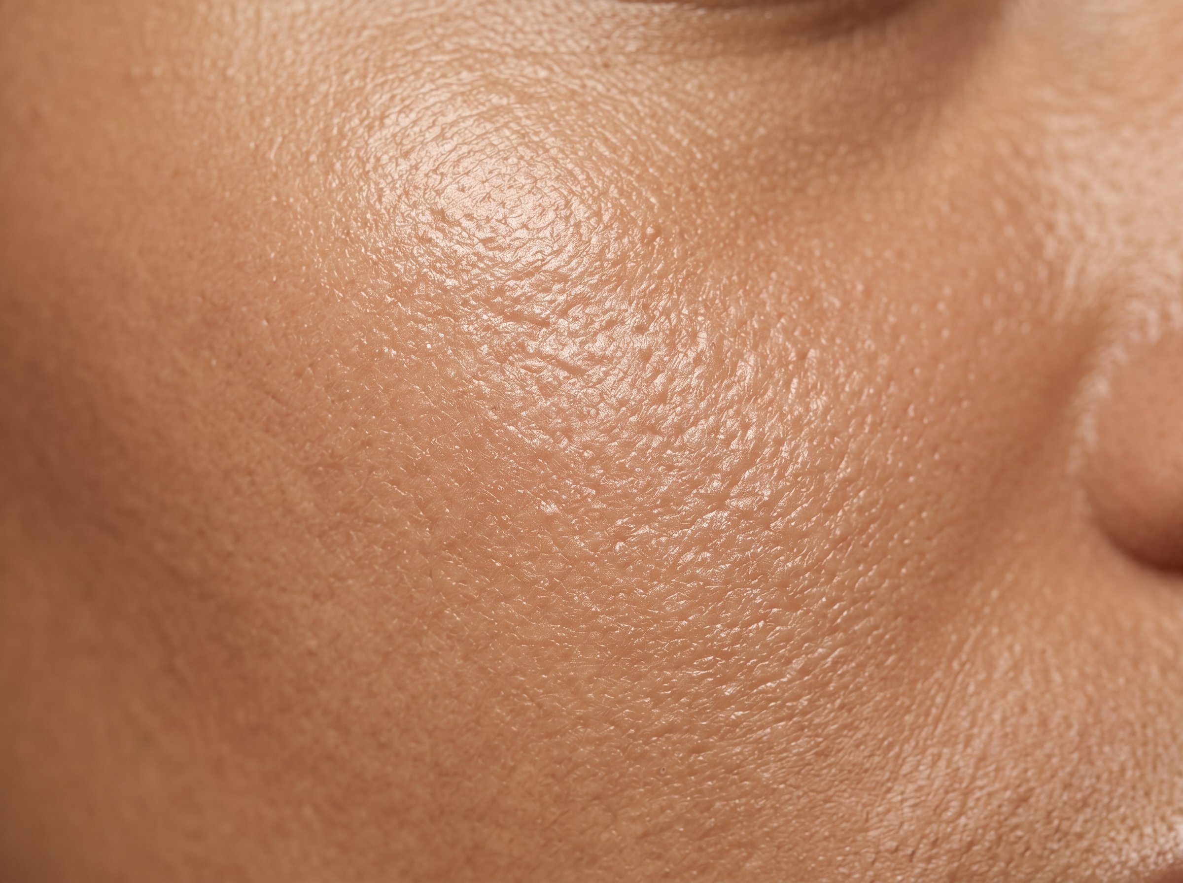 Extreme macro close-up of skin surface showing enlarged pores and sebum sheen under soft studio lighting