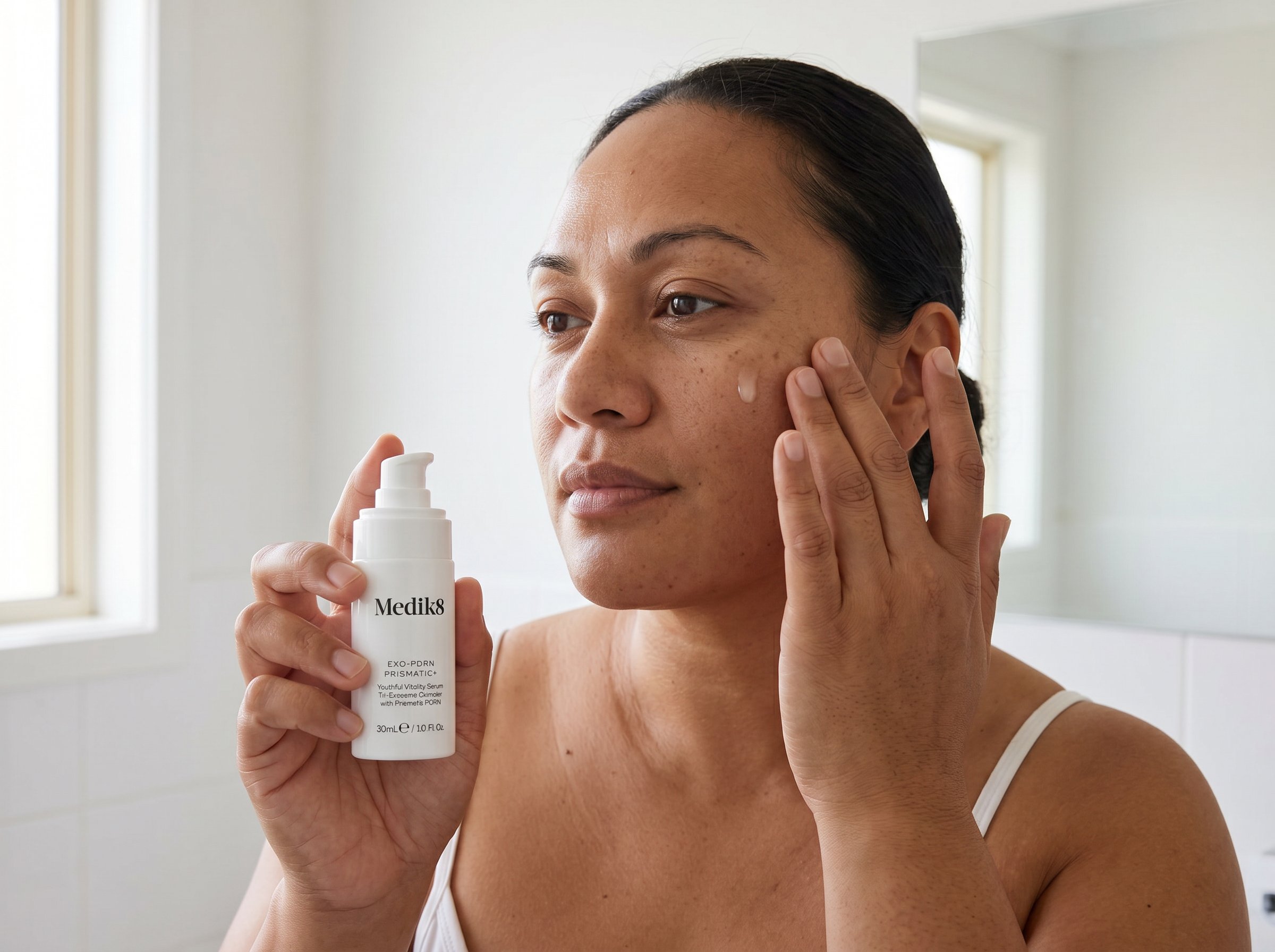 39-year-old Pacific Islander Australian non-binary person with medium skin tone and curvy figure applying a serum to their face in a bright bathroom