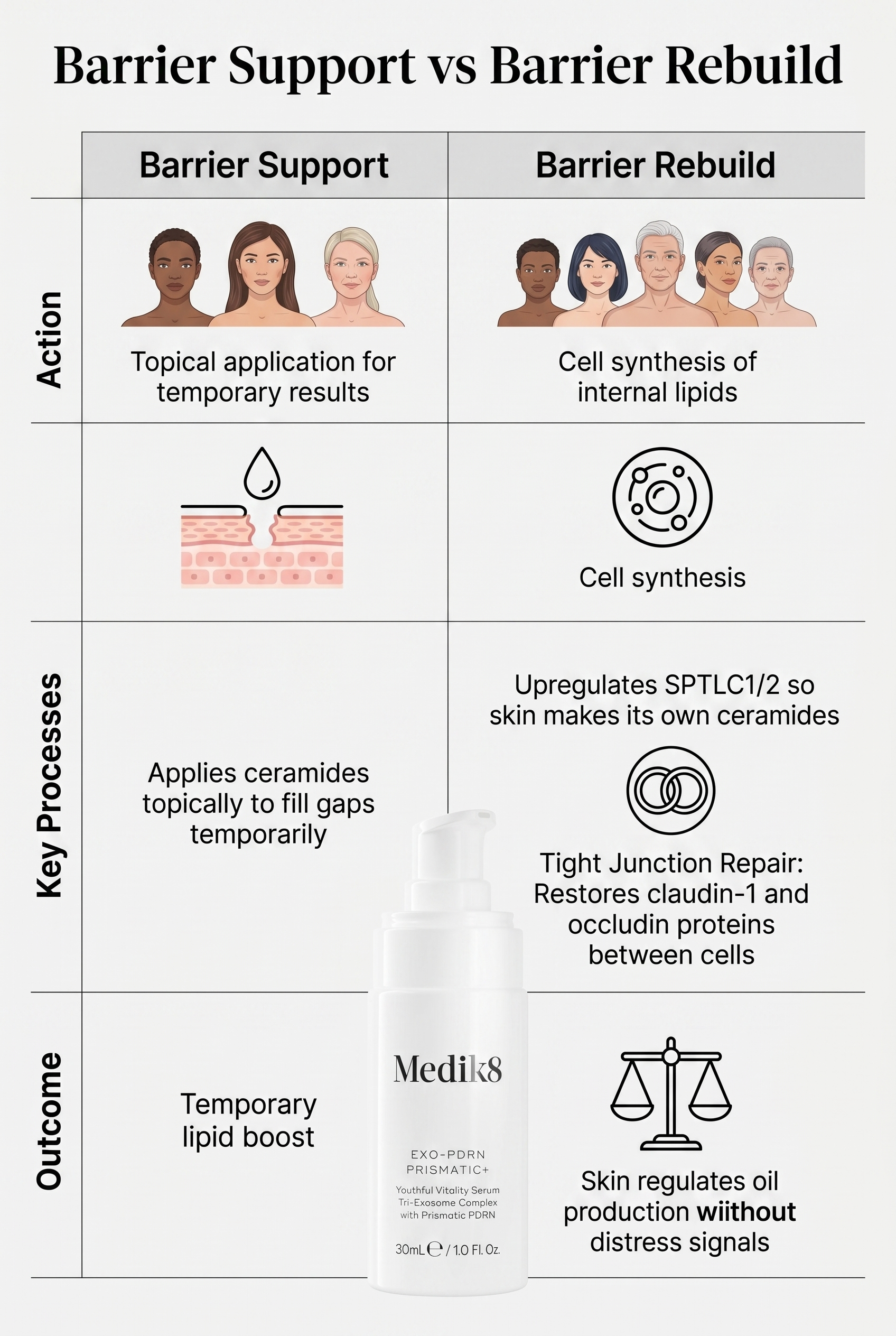 Side-by-side infographic comparing barrier support (applying topical ceramides) with barrier rebuild (upregulating ceramide synthesis enzymes SPTLC1 and SPTLC2 and restoring tight junction proteins)