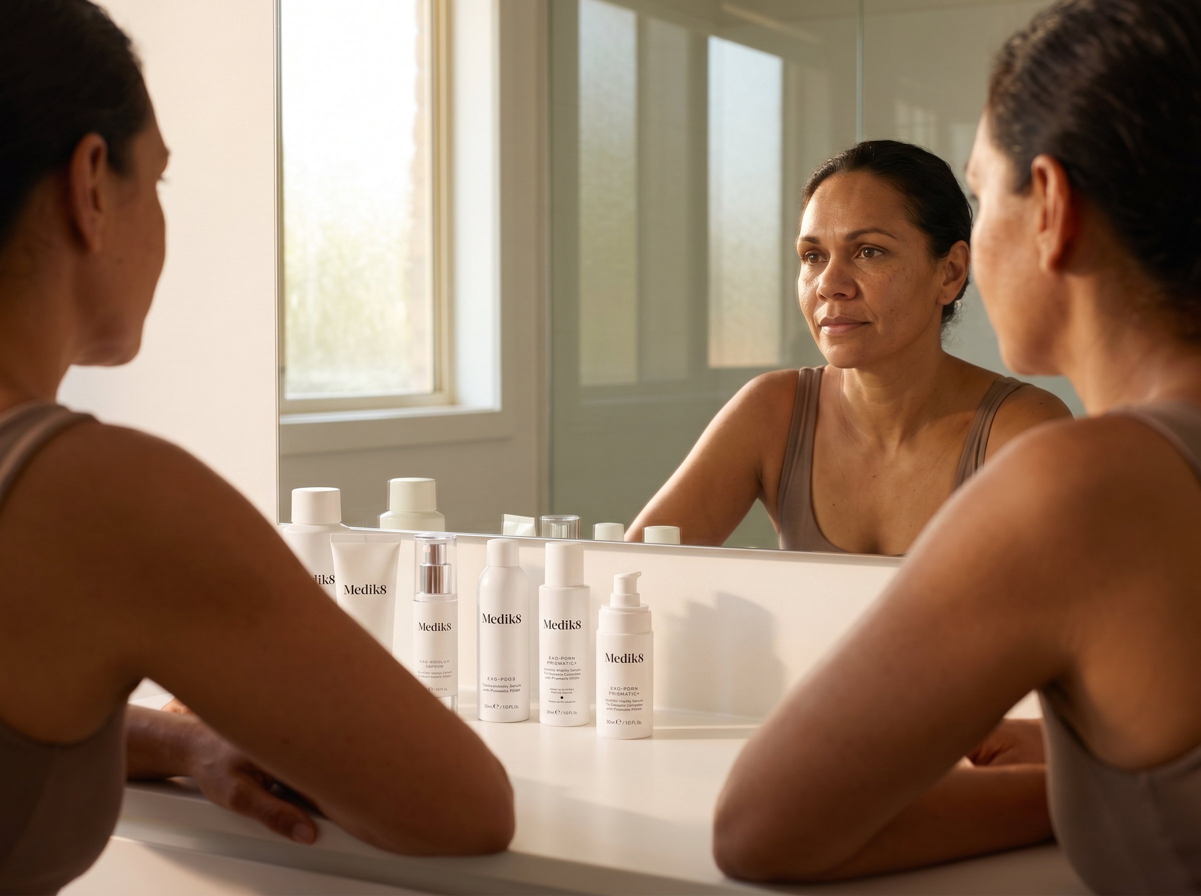 46-year-old Indigenous Australian woman with olive skin and athletic build examining her skin in a bathroom mirror with skincare products on the vanity in morning light