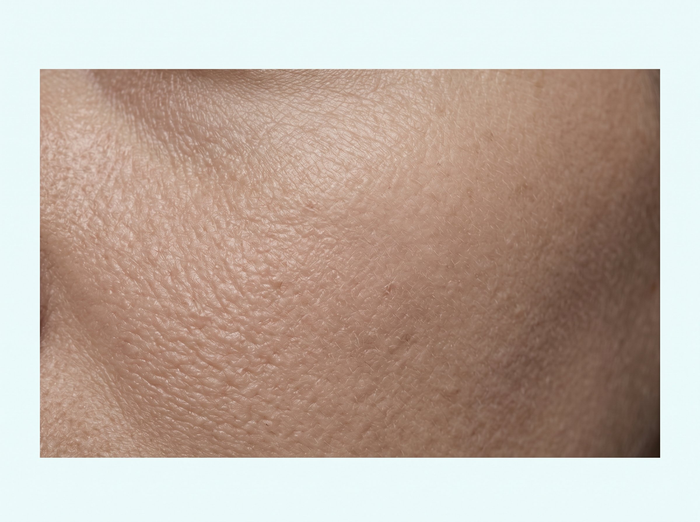 Extreme close-up macro photograph of skin surface showing fine dehydration lines and dull texture under clinical side lighting