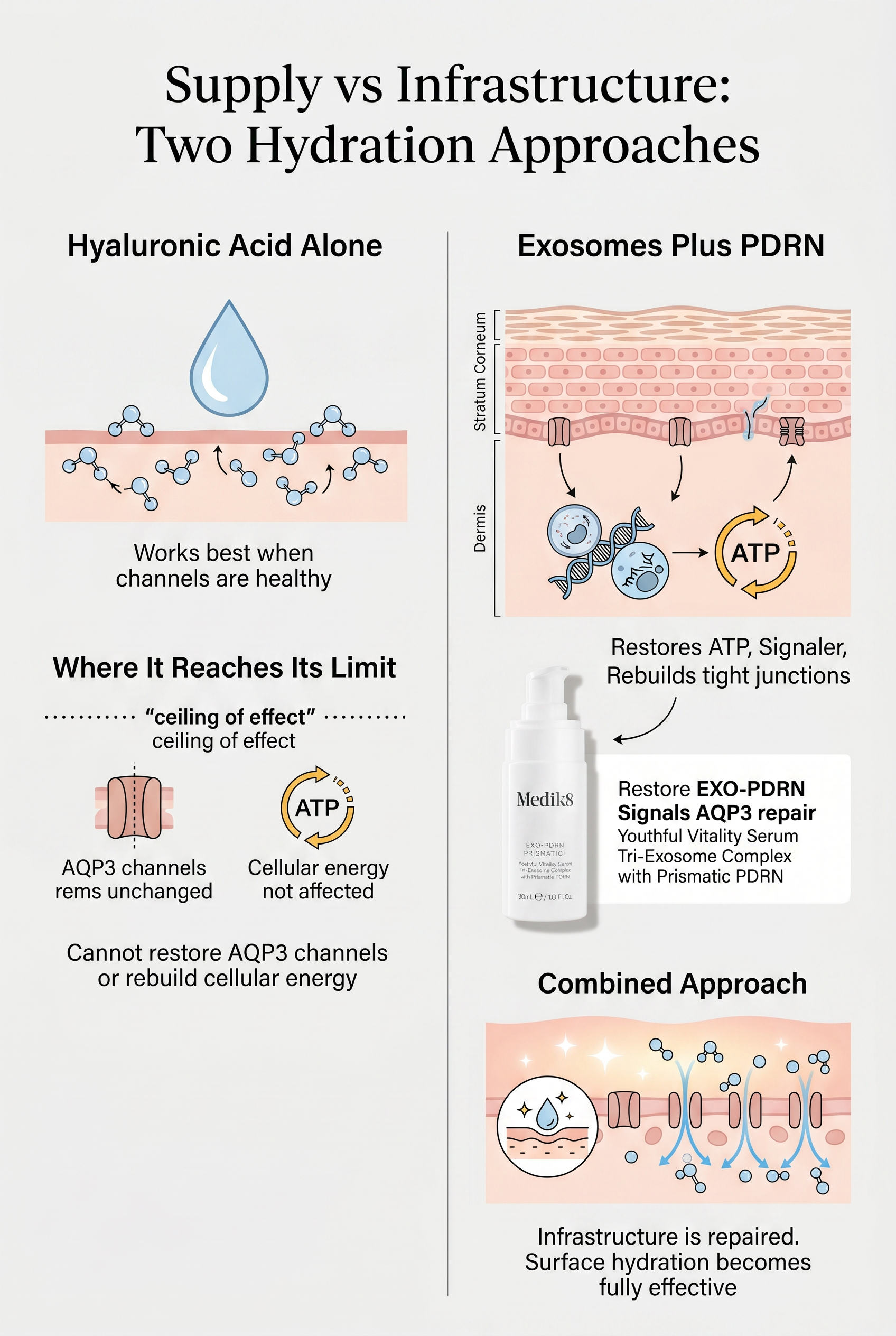 Side-by-side comparison diagram showing hyaluronic acid surface hydration on the left versus exosome and PDRN cellular infrastructure repair on the right, with labels showing depth of action and outcomes for each