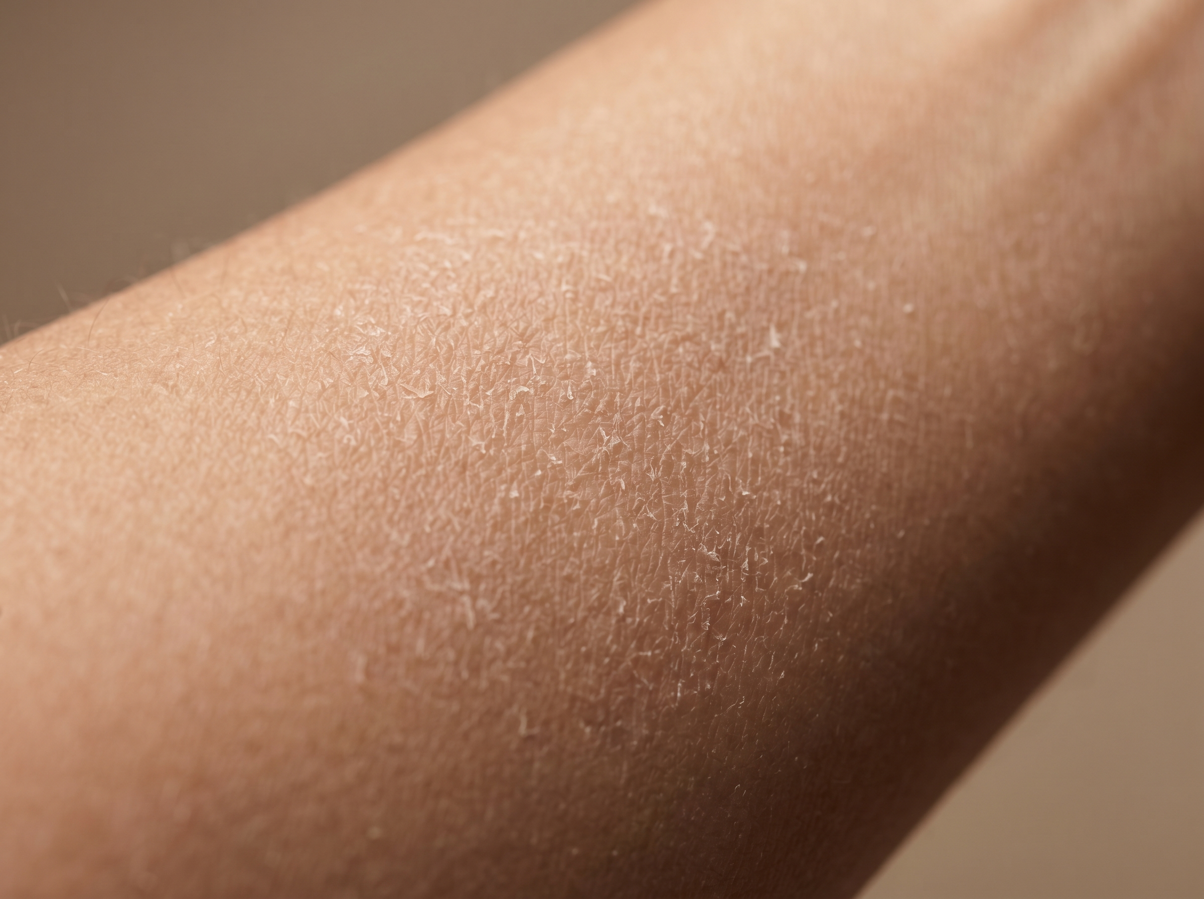 Close-up macro photograph of dry skin surface showing fine flaking texture and tight appearance