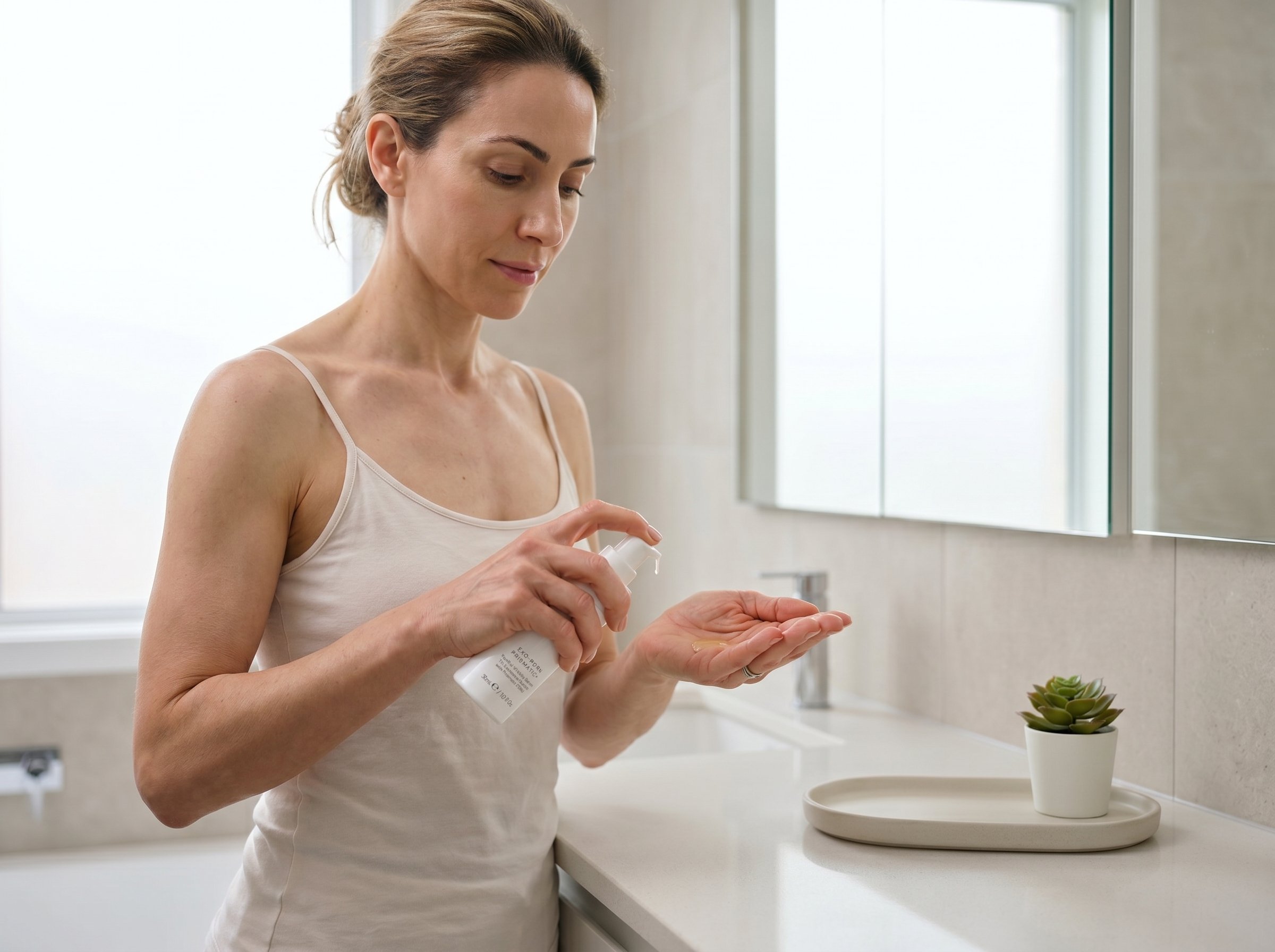 39-year-old Middle Eastern Australian woman with very fair skin applying serum drops to her palm in a bright bathroom