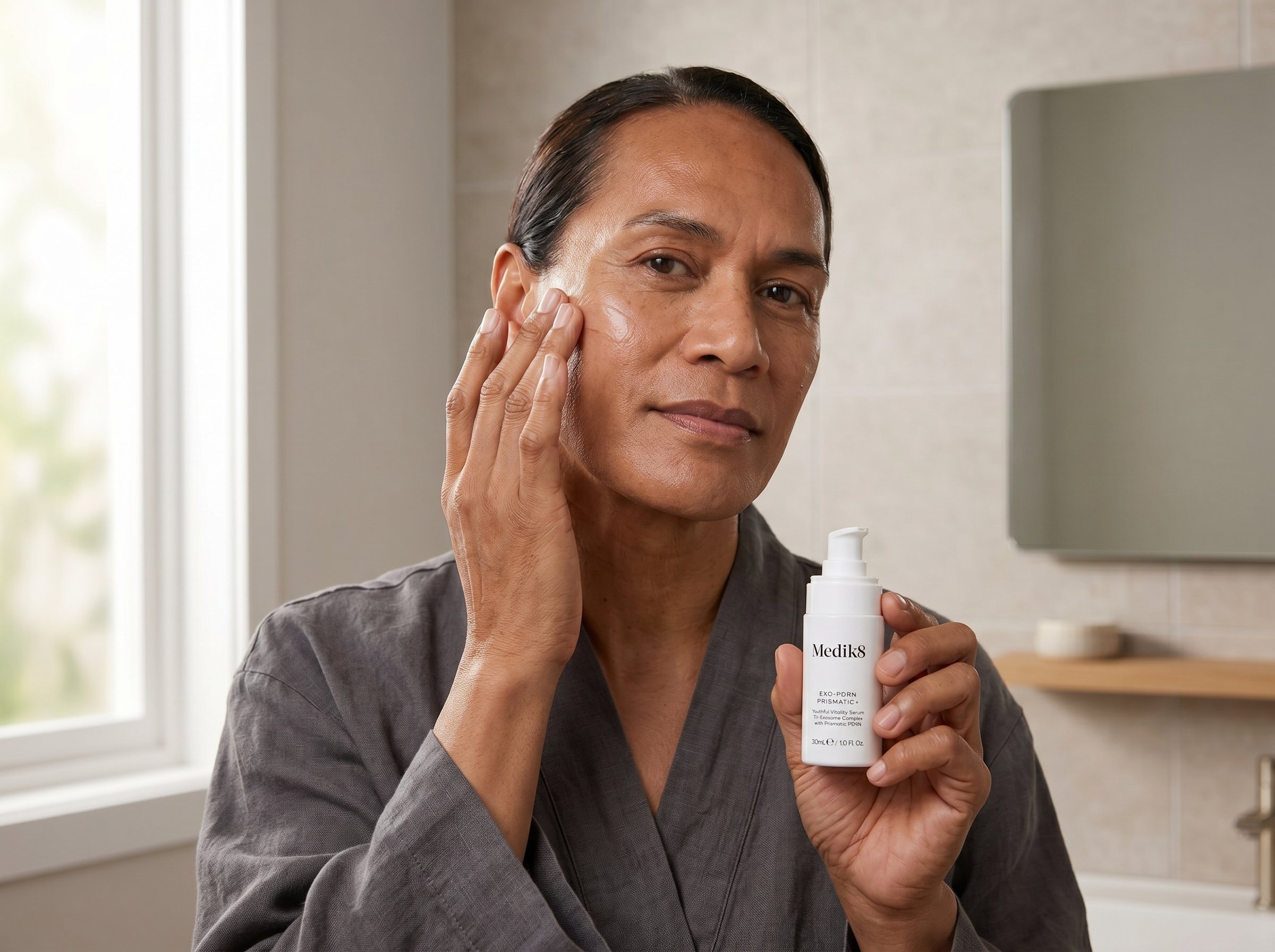 59-year-old Pacific Islander Australian non-binary person applying a facial serum in a bright bathroom with natural light
