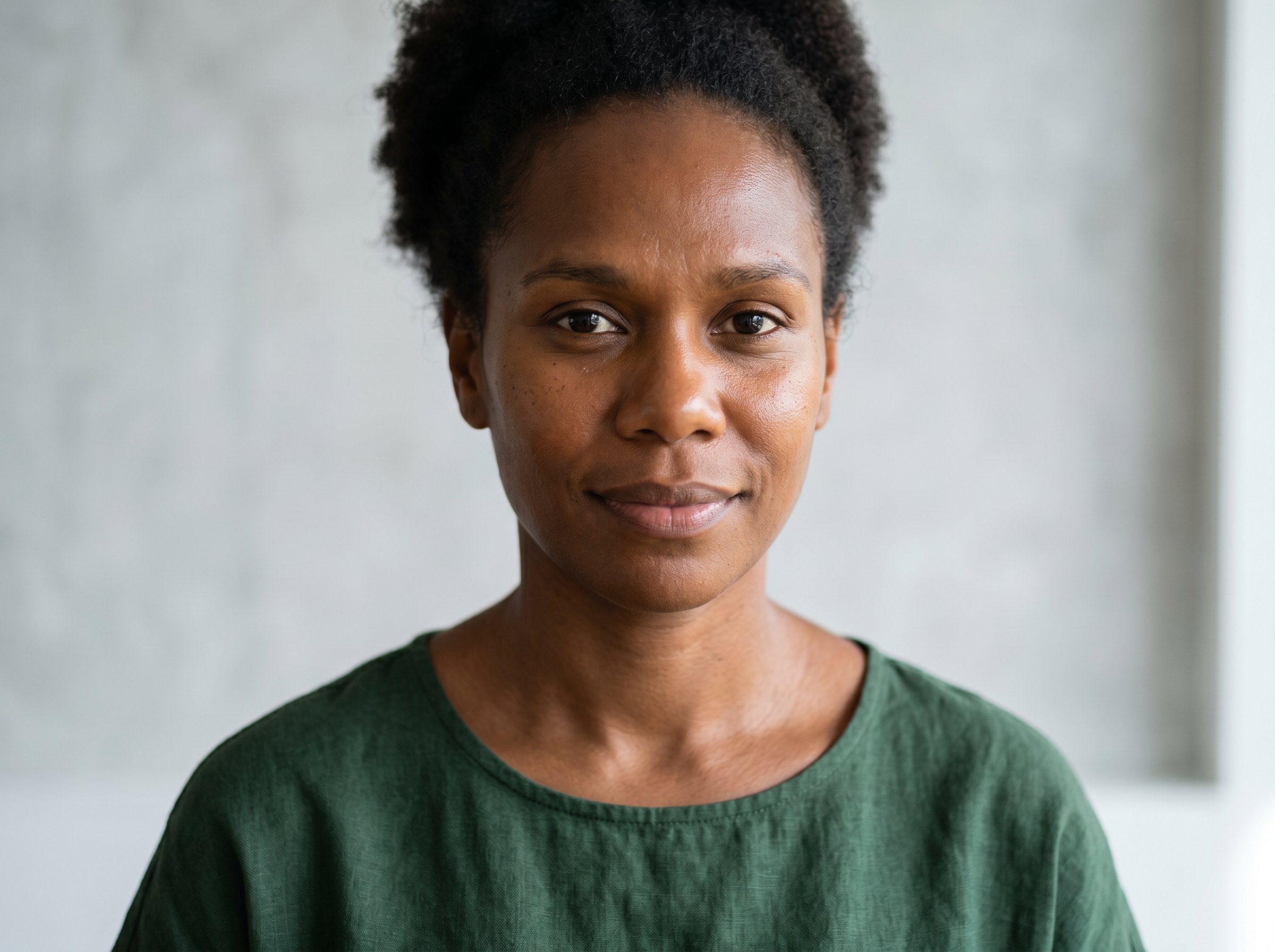 36-year-old Indigenous Australian non-binary person with dark brown skin and slim build in a calm portrait, looking directly at camera with healthy-looking skin