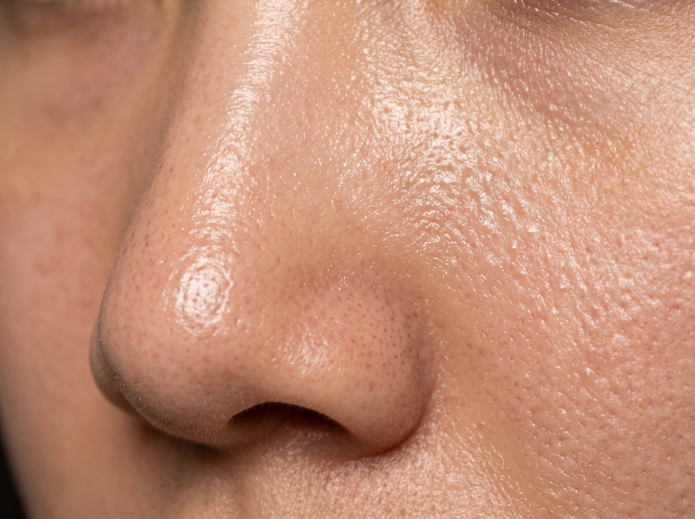 Close-up macro photograph of skin surface showing enlarged pores and visible sebum shine on the T-zone area under warm neutral lighting
