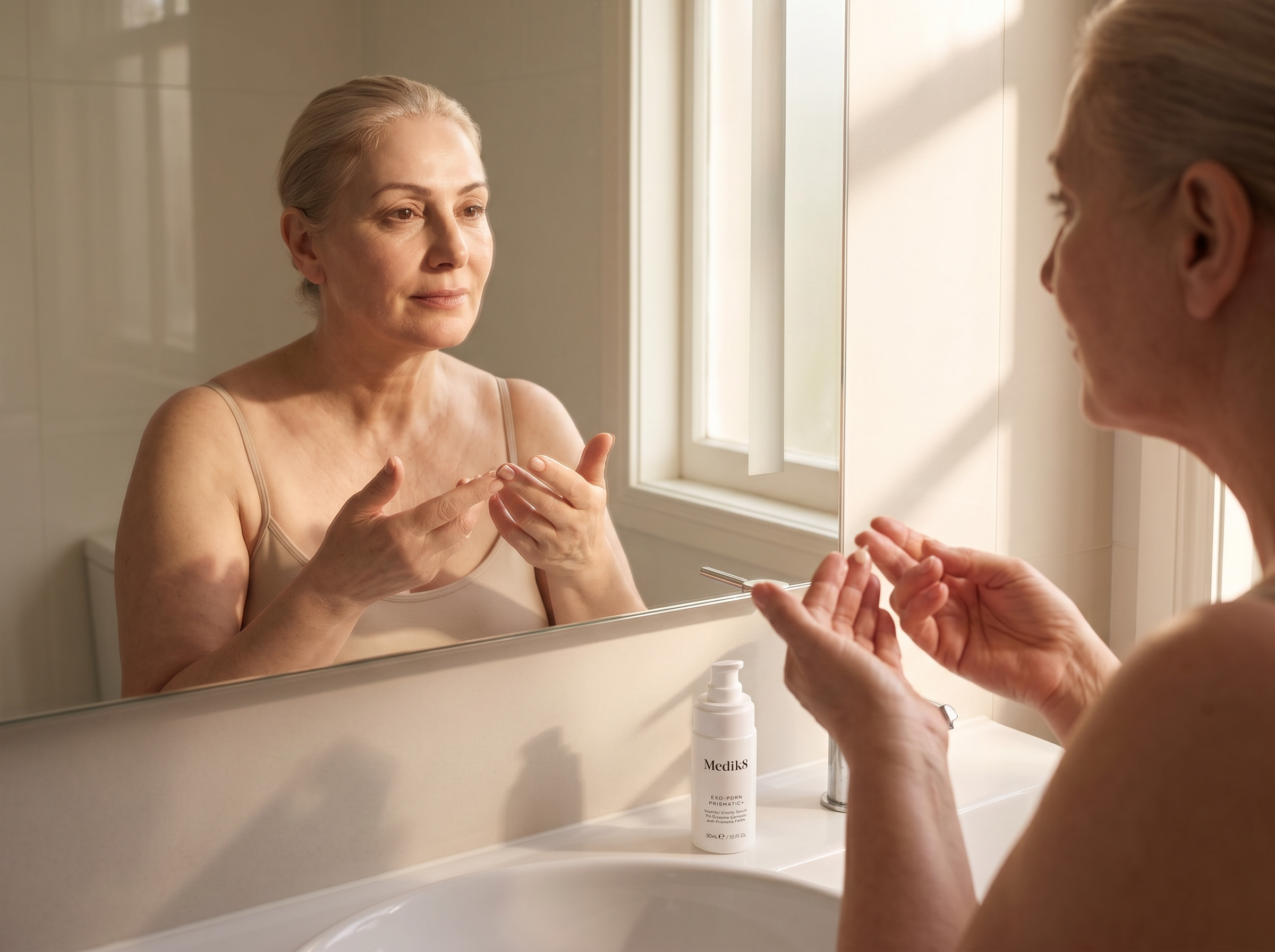 59-year-old Middle Eastern Australian woman with very fair skin applying serum drops to her fingertips in a bright bathroom, looking at her reflection with a calm expression