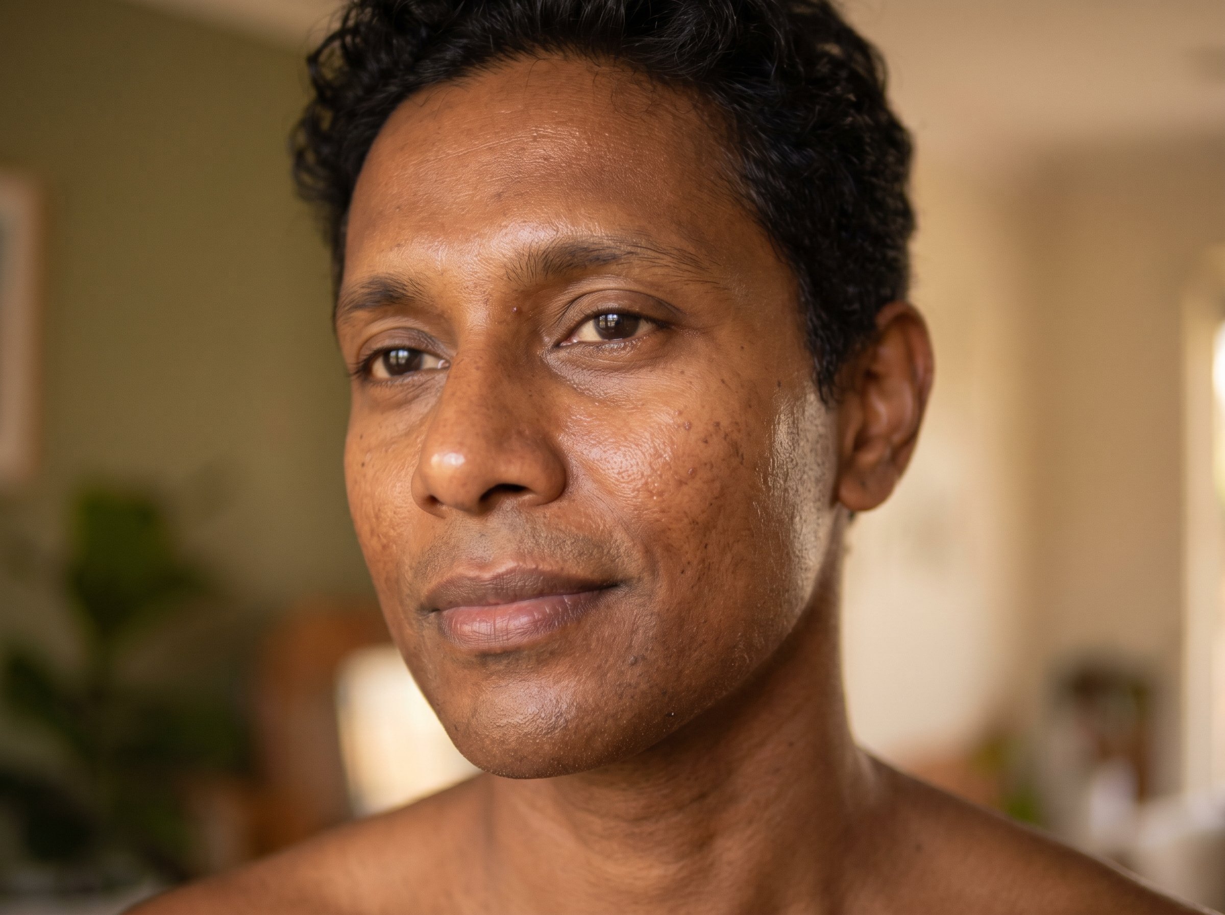 44-year-old South Asian Australian non-binary person with dark brown skin and athletic build in a close-up portrait showing healthy, hydrated skin texture in warm natural light