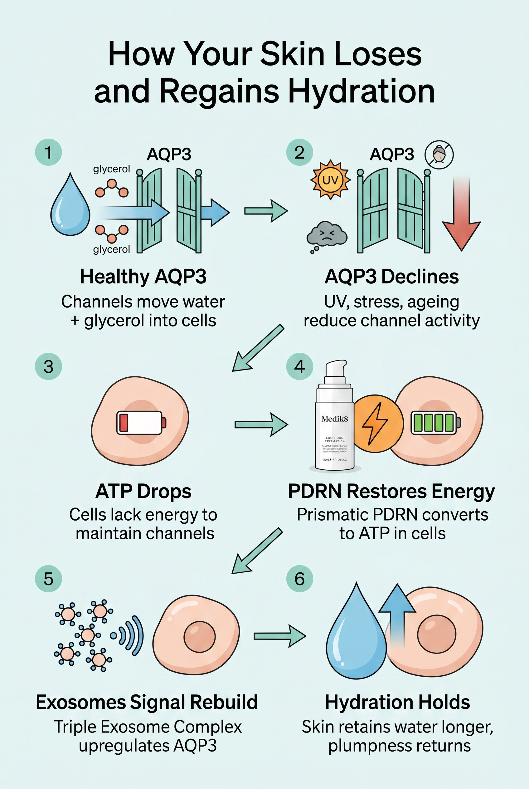 Three-step educational diagram showing: Step 1, aquaporin-3 channels moving water through skin cells; Step 2, ATP energy depletion causing channel decline; Step 3, PDRN restoring ATP and exosomes signalling channel rebuilding