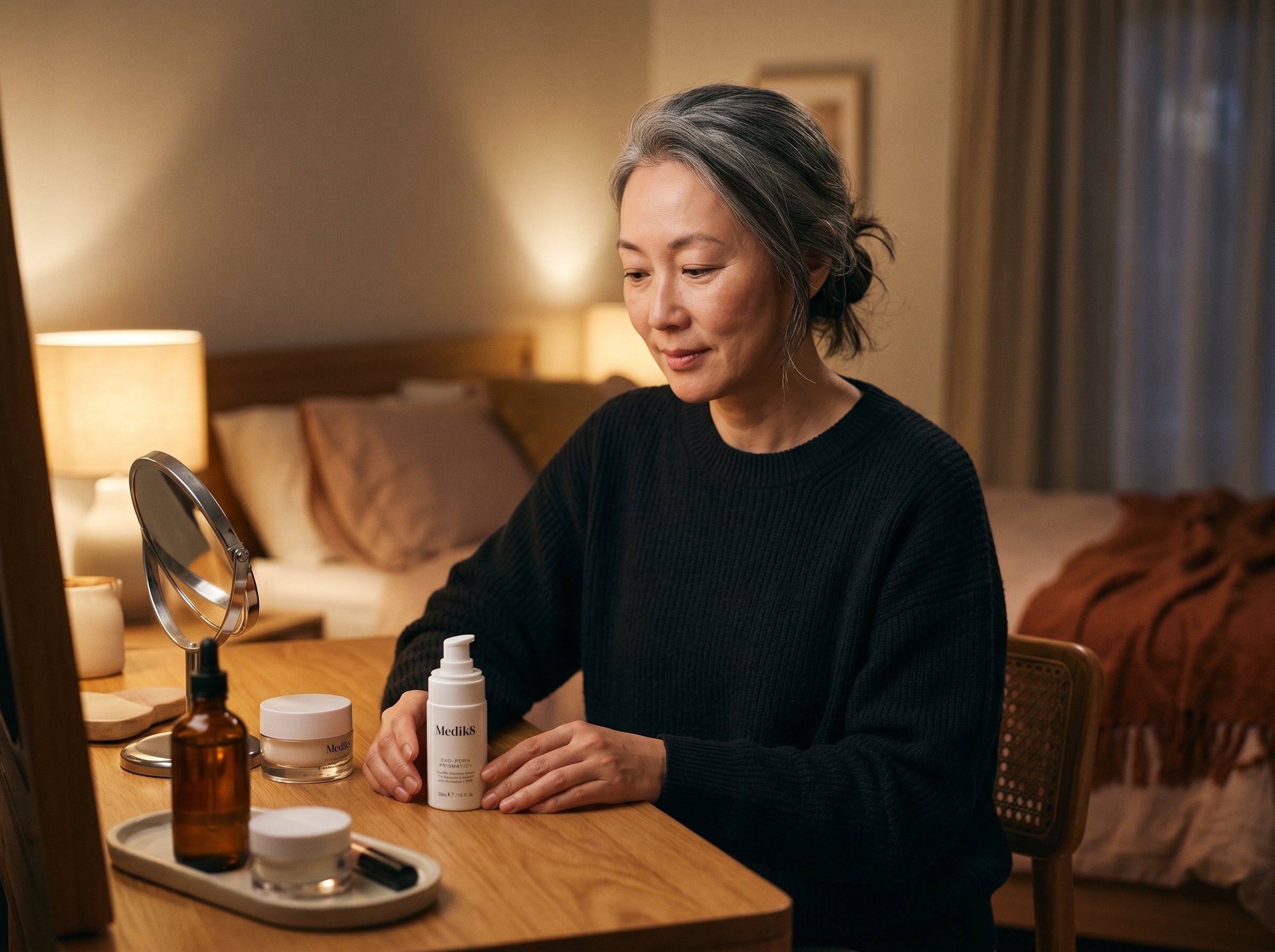 51-year-old East Asian Australian woman with very fair skin sitting at a vanity table in the evening, holding a serum dropper near her face in warm lamp light