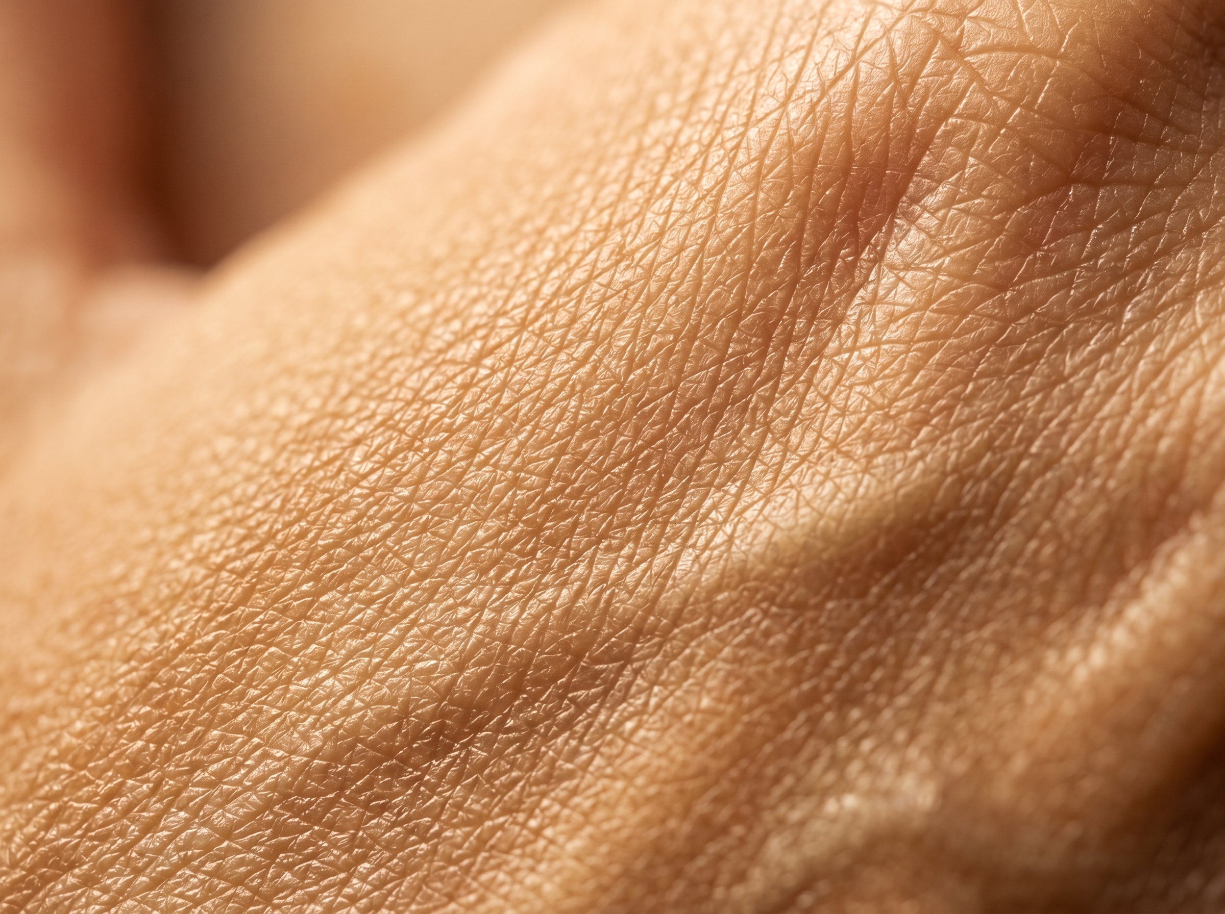 Extreme close-up macro photograph of mature skin surface showing fine lines and natural texture in warm amber tones