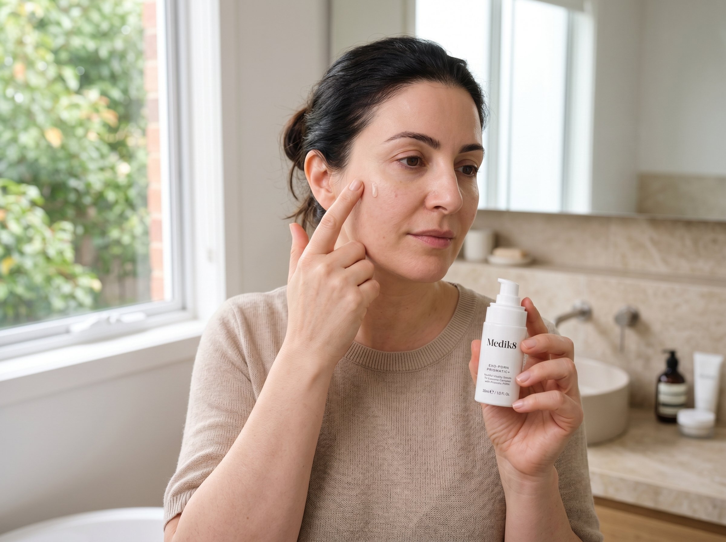 47-year-old Middle Eastern Australian woman with fair skin applying a serum in a bright bathroom with natural morning light