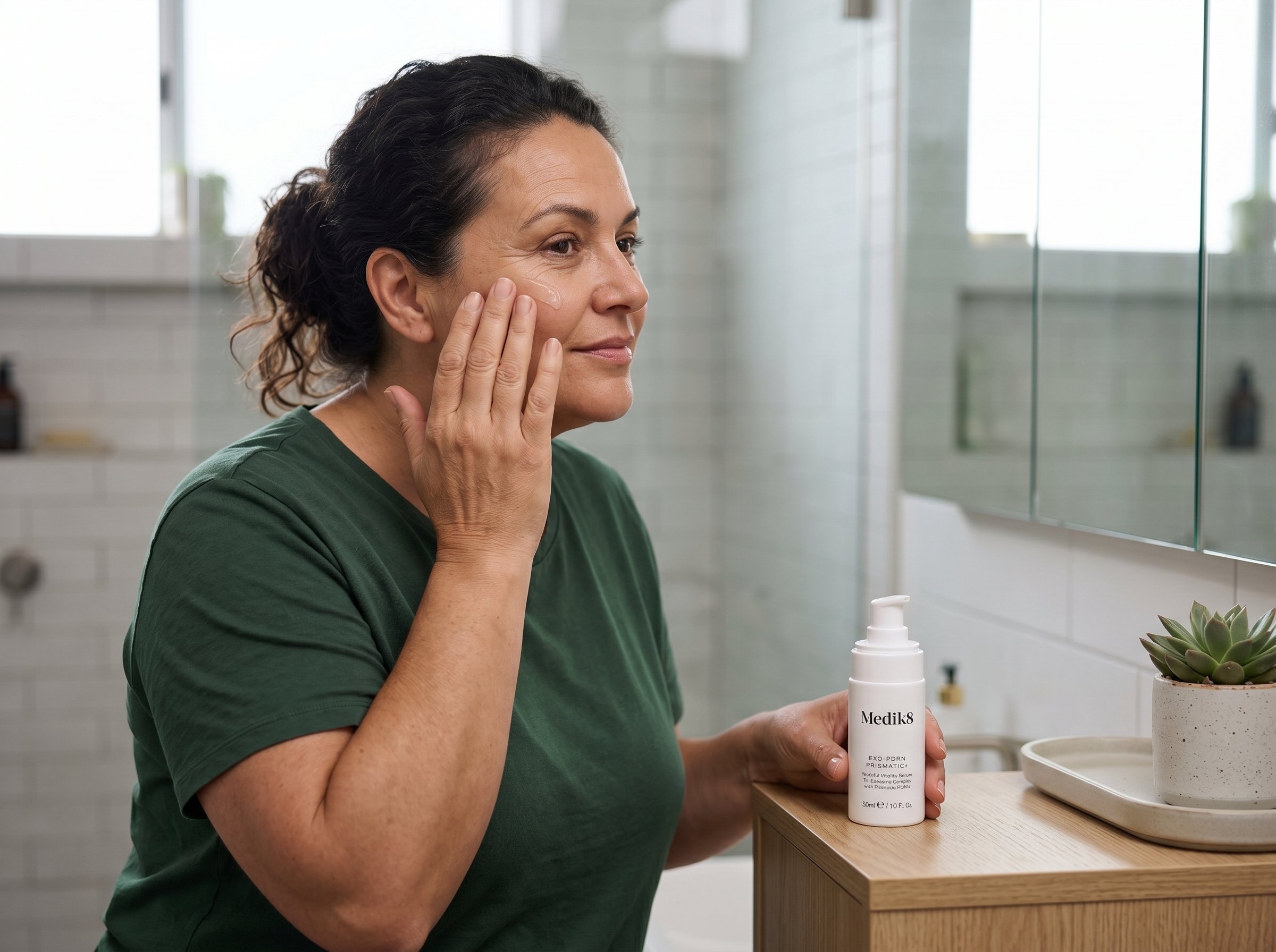 50-year-old Northern European Australian woman with olive skin tone applying a clear serum to her cheek in a calm bathroom setting