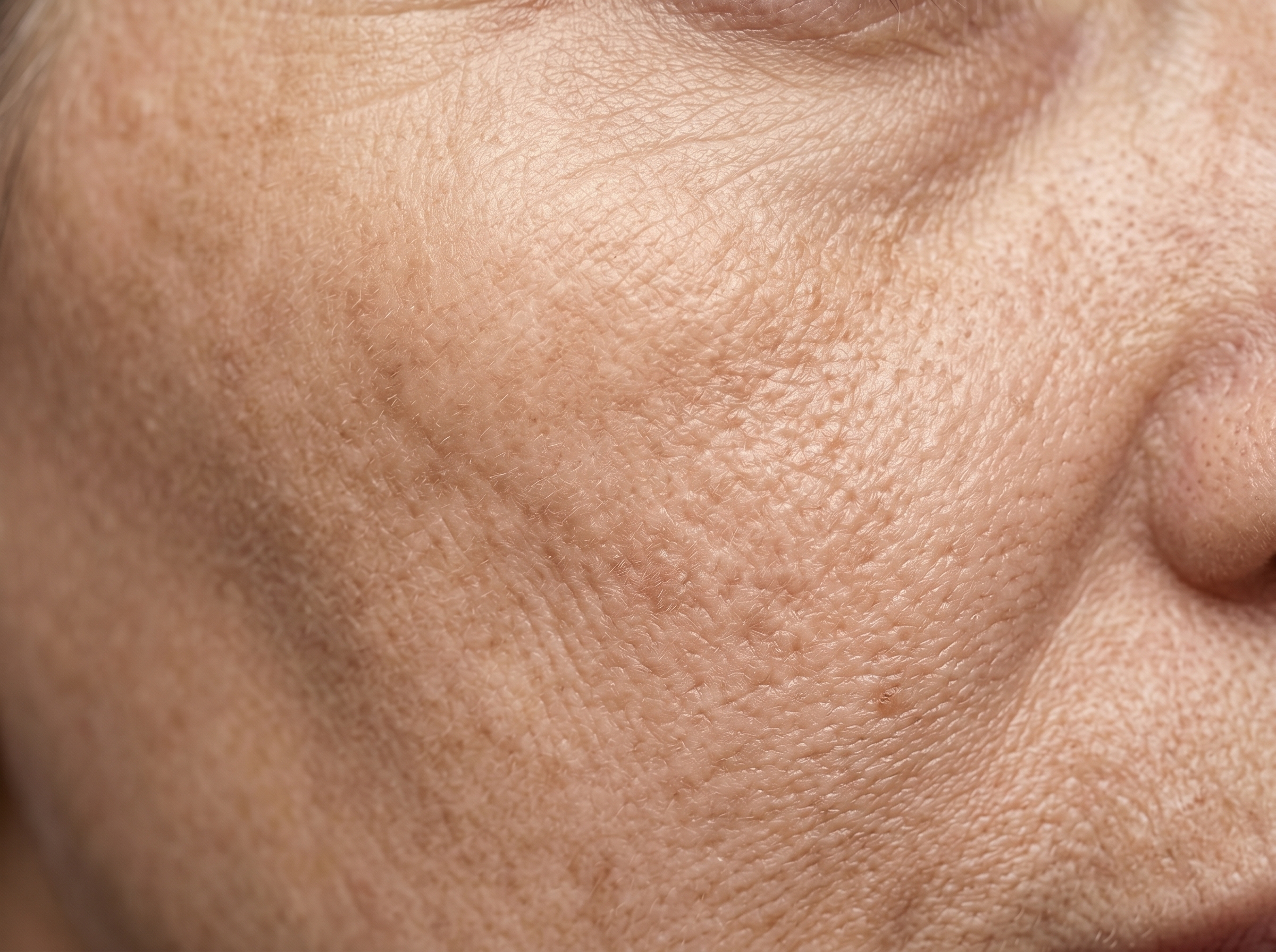 Extreme macro close-up of mature skin texture showing fine lines and surface irregularity under warm directional light