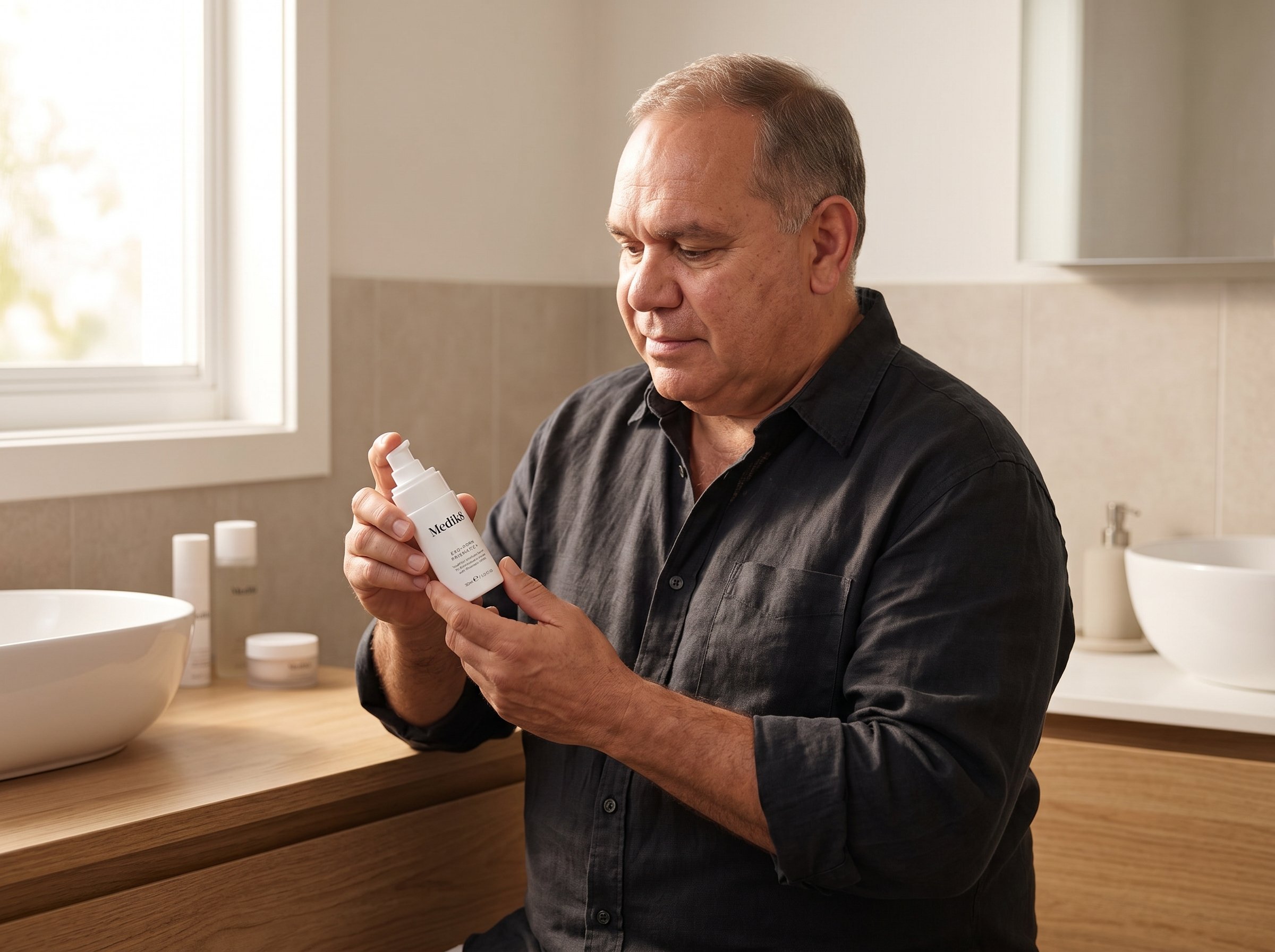 54-year-old Indigenous Australian man with fair skin examining a serum bottle at his bathroom vanity in soft morning light