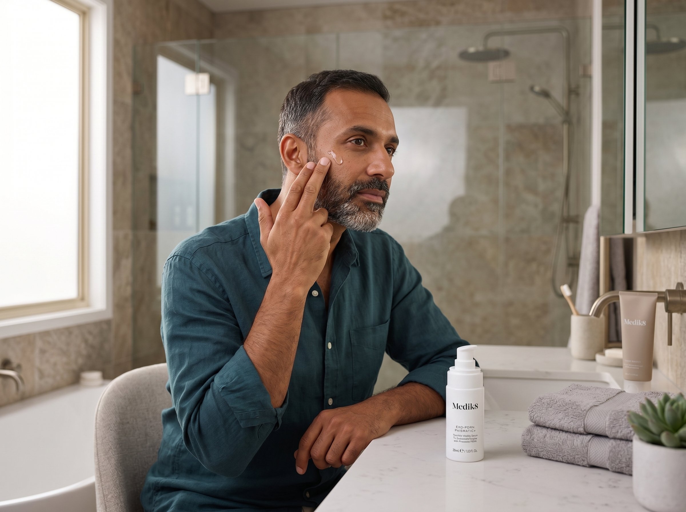 39-year-old Middle Eastern Australian man applying a clear regenerative serum to his cheek in a softly lit bathroom