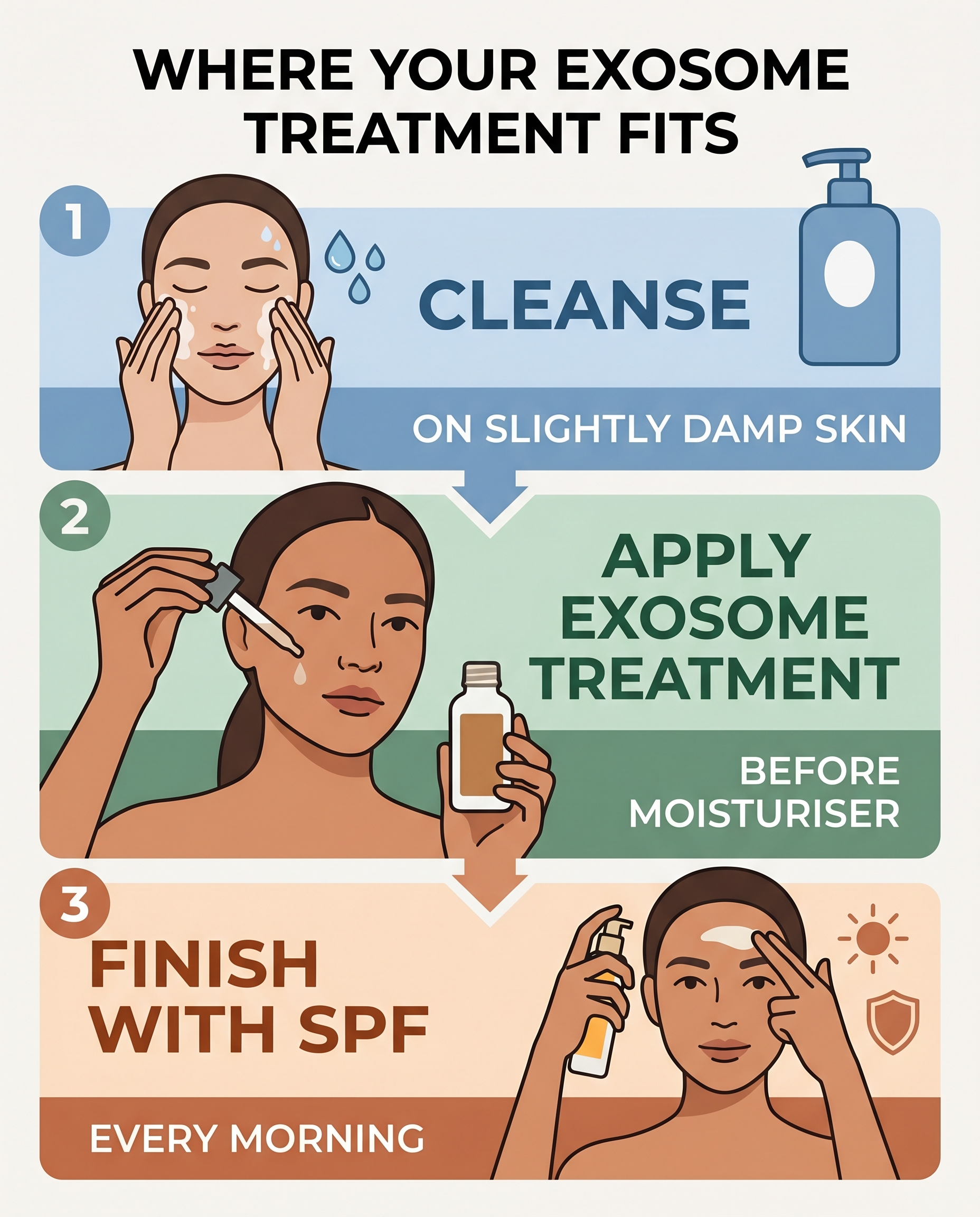 Three-step morning skincare routine diagram showing cleanser, exosome treatment, then SPF in sequence