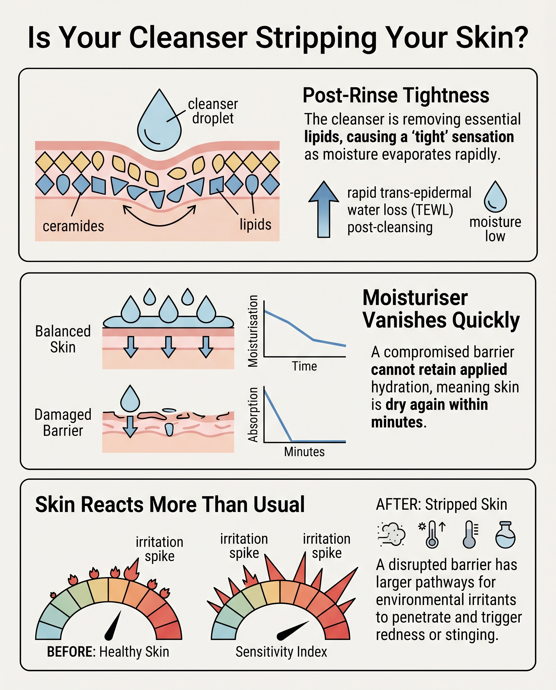 Three signs your cleanser is dehydrating your skin barrier: tightness, fast-absorbing moisturiser, increased reactivity