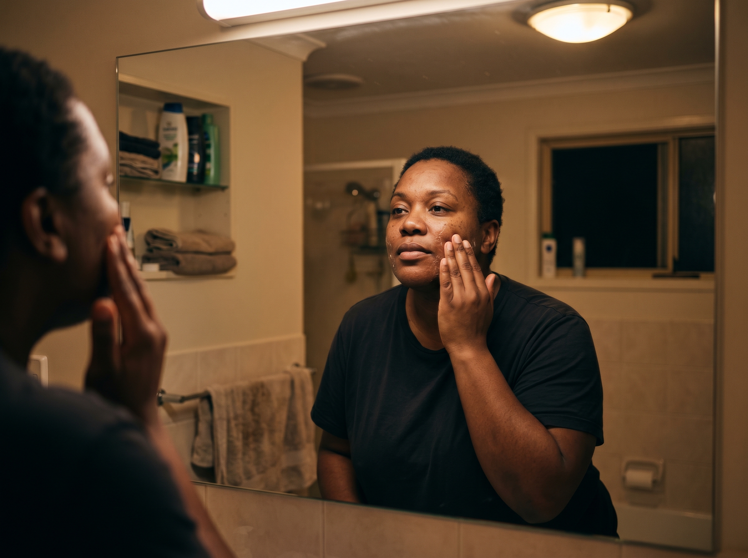 Person applying gel cleanser at a bathroom mirror during an evening skincare routine