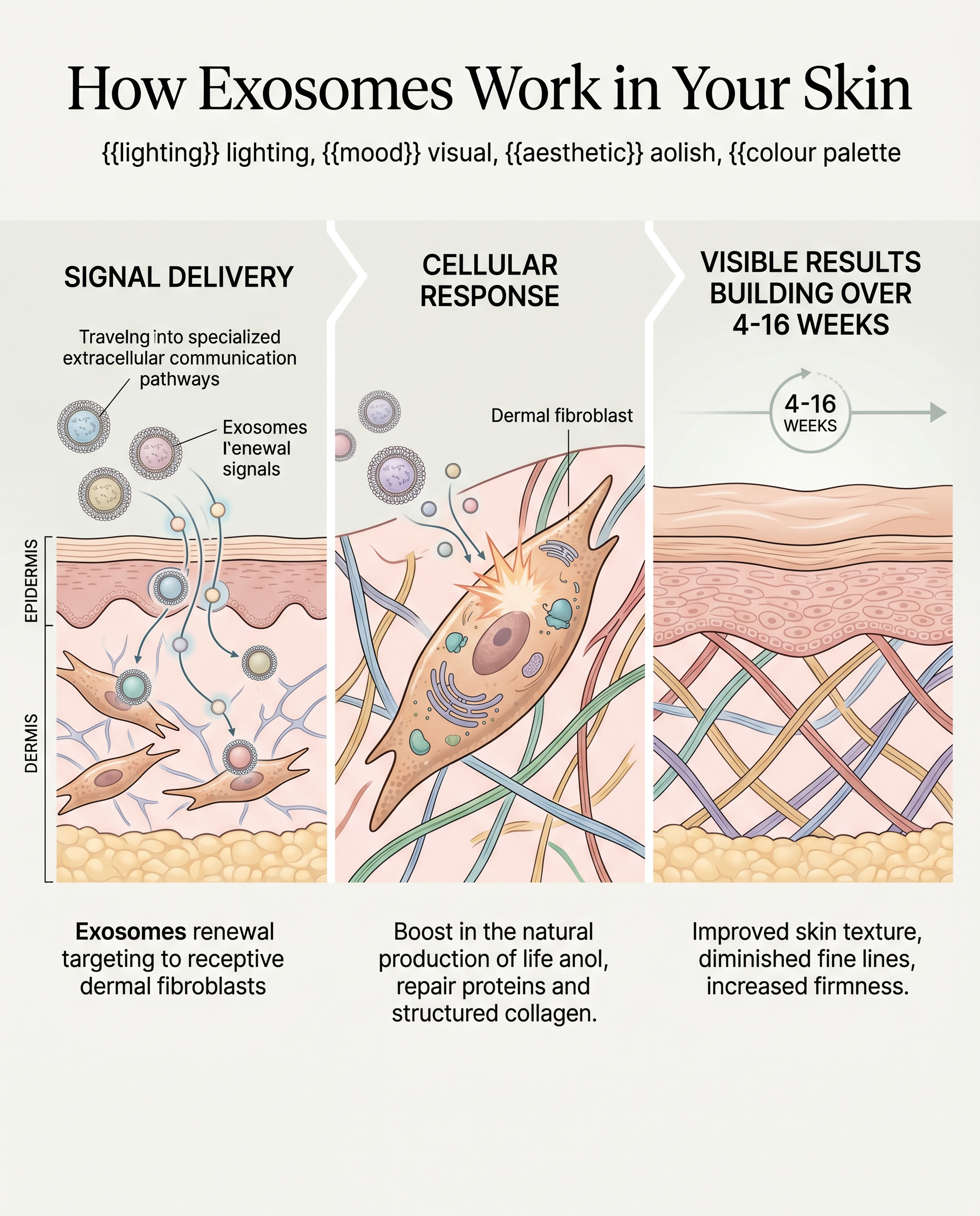 Three-step diagram showing how exosomes carry renewal signals to skin cells and build results over time