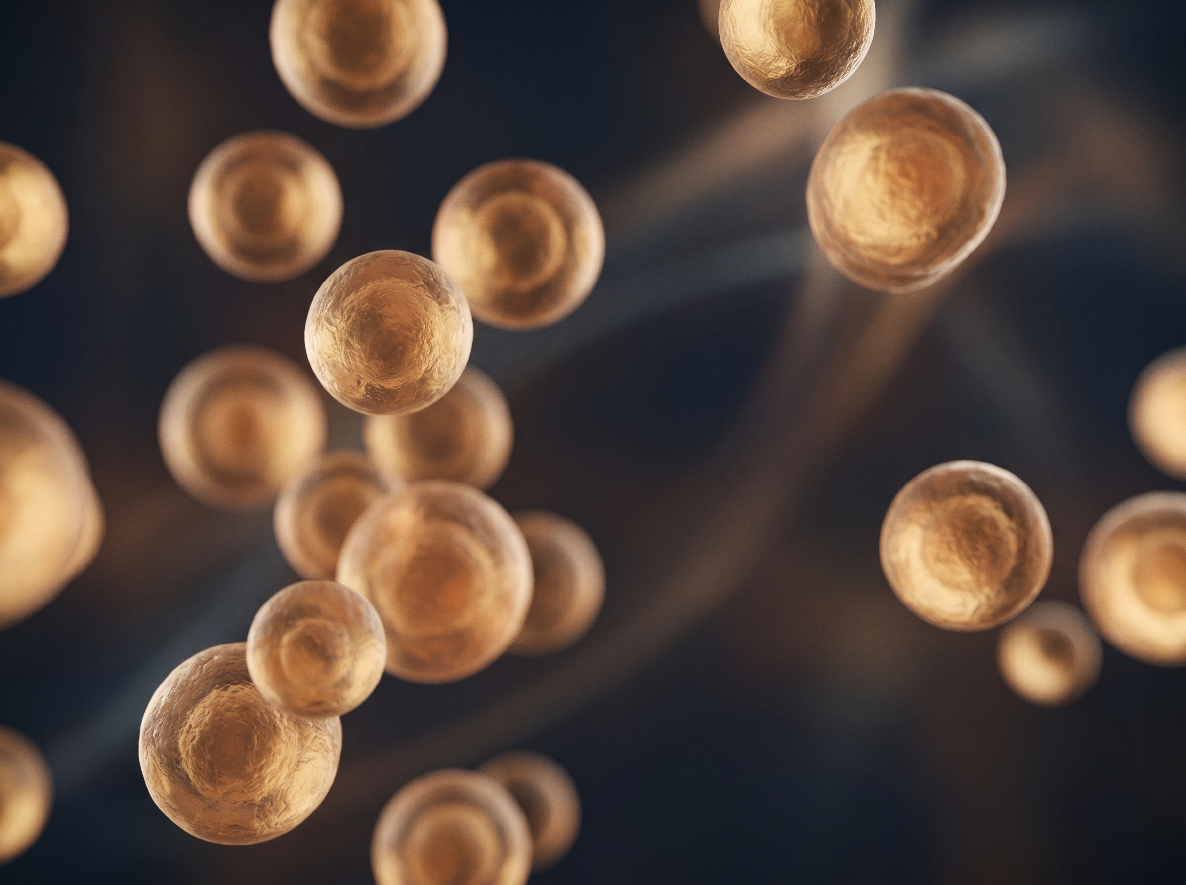 Abstract close-up of soft amber spherical forms suggesting nanoscale cellular particles against a dark background