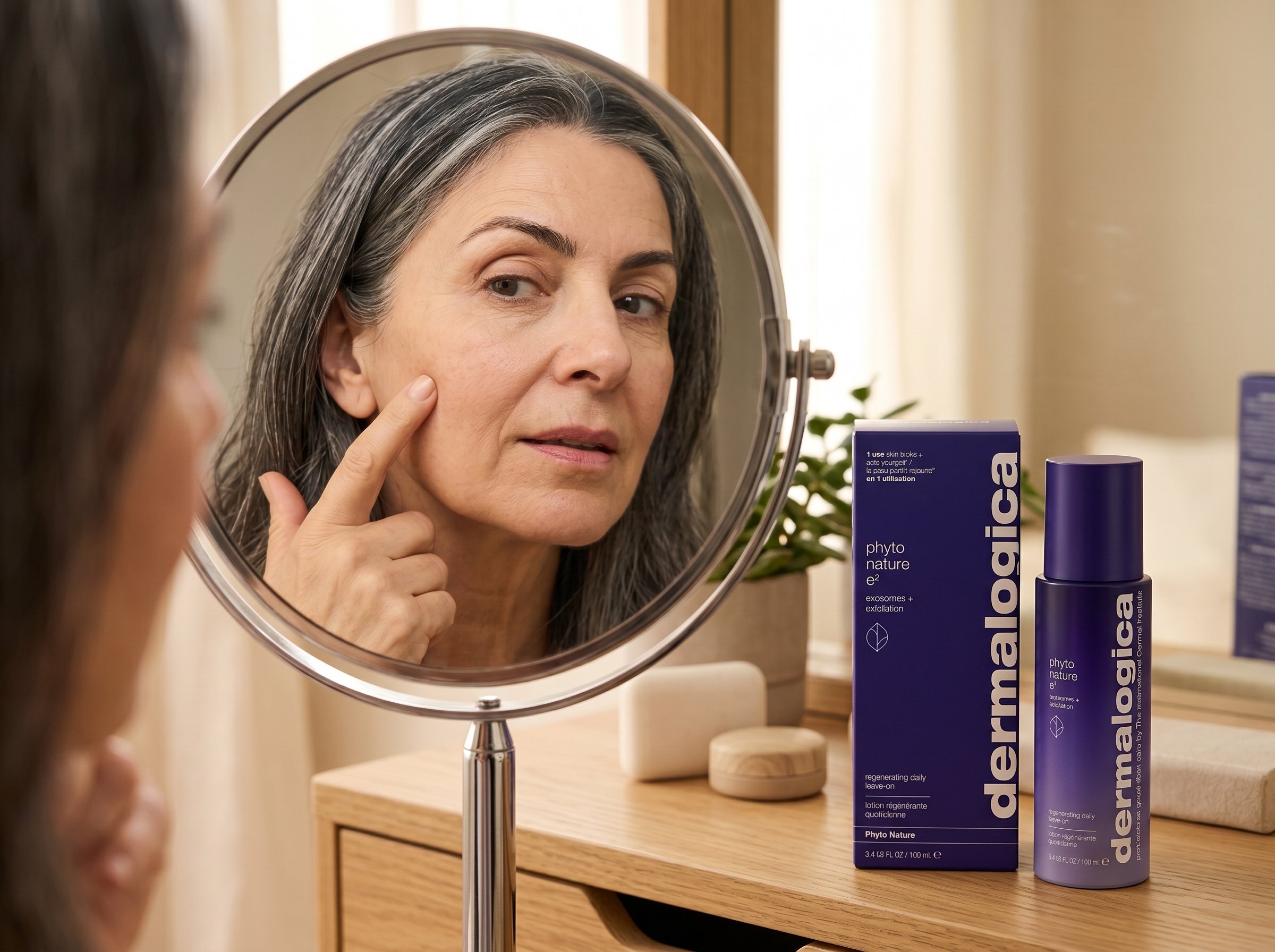 Woman with fair skin examining her complexion in a magnifying mirror with an exosome treatment product on the vanity