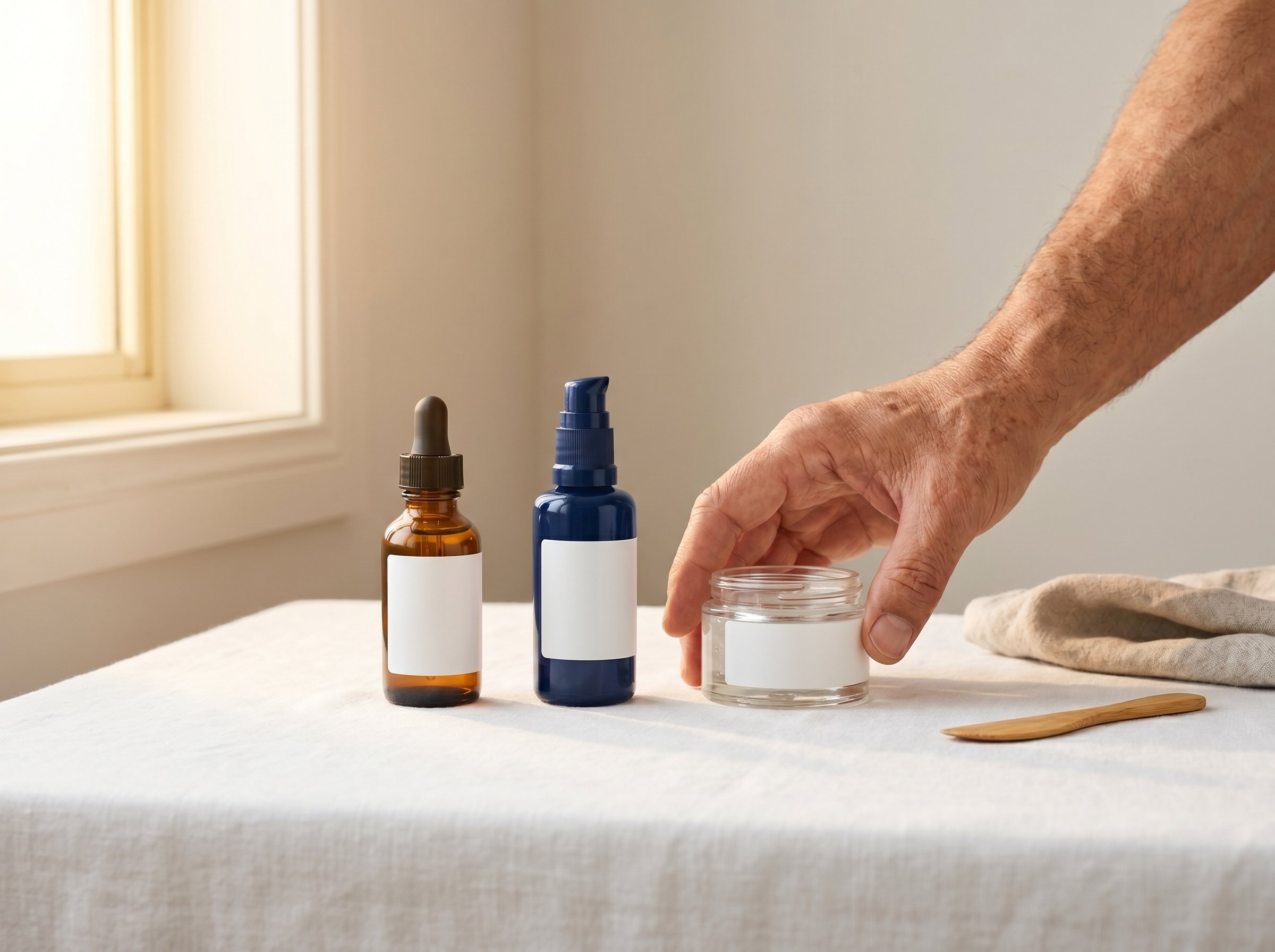 Three skincare actives arranged in application order on a white surface, illustrating how exosomes layer with retinoid and