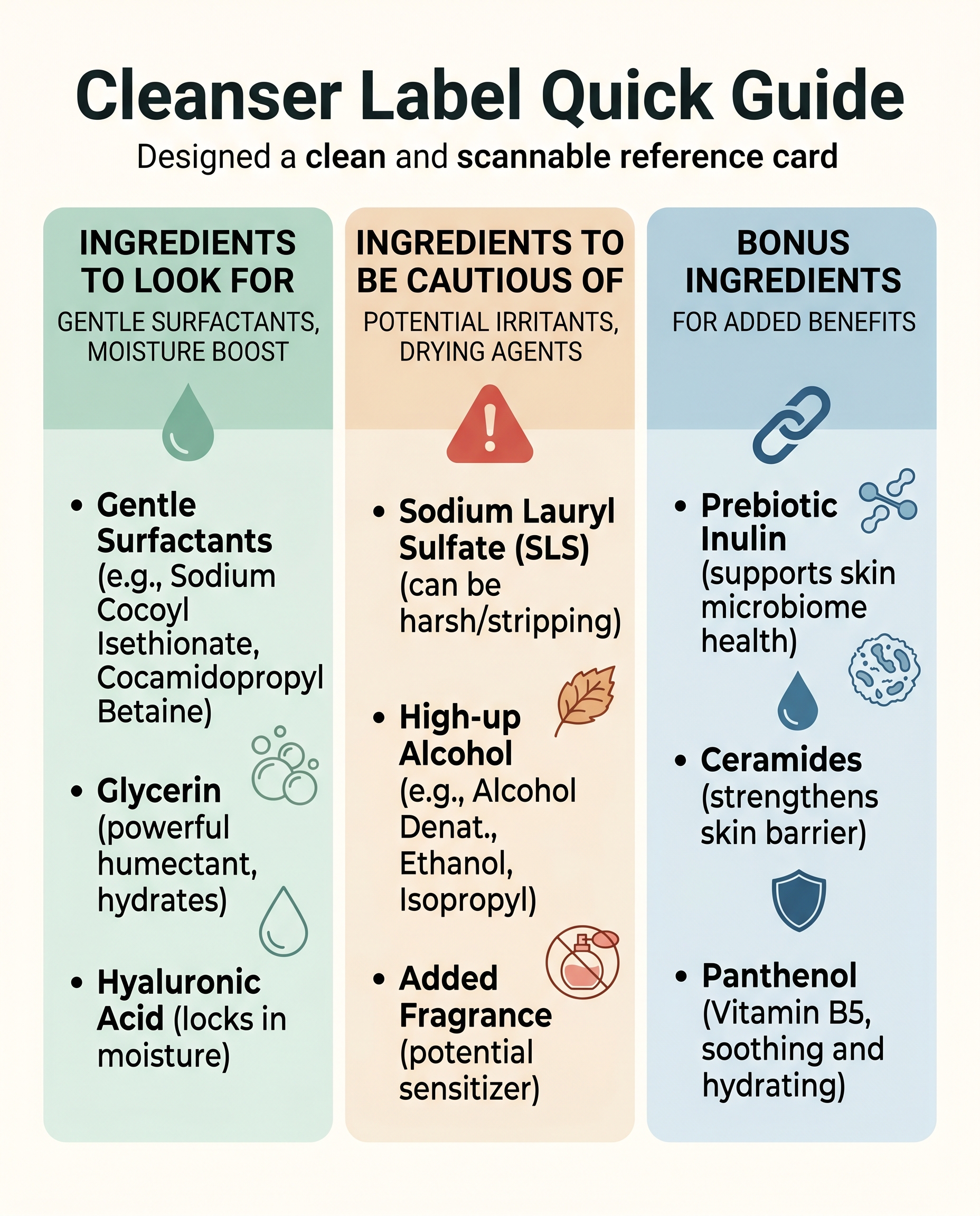 Label-reading guide showing ingredients to look for and avoid when choosing a hydrating cleanser