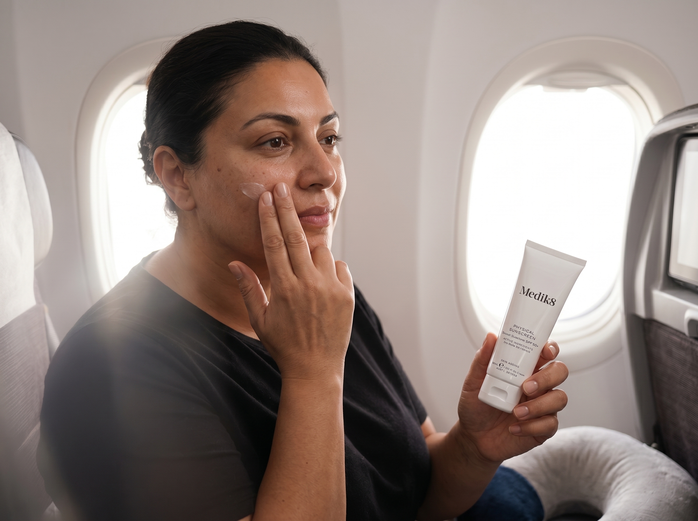 Person applying Medik8 Physical Sunscreen SPF50 to their face with soft aircraft window light in the background