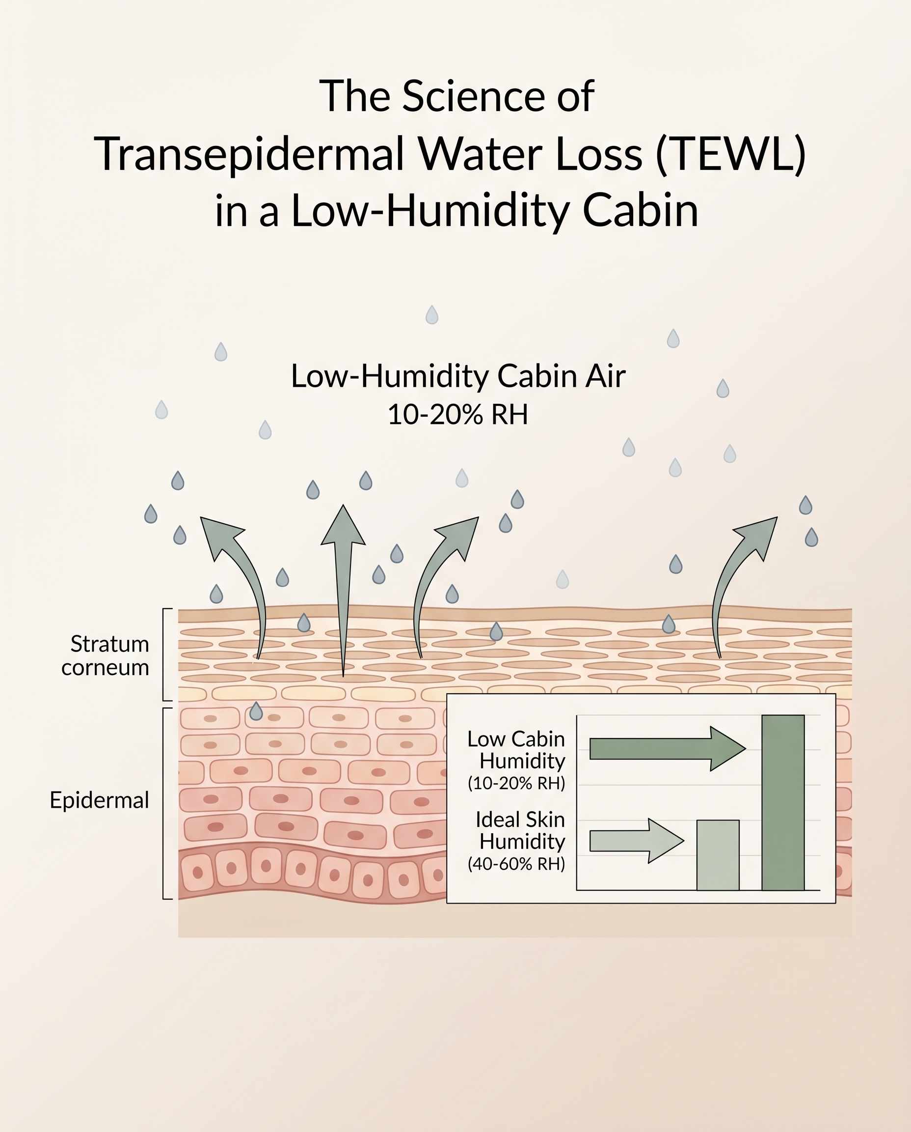 Diagram showing transepidermal water loss through the skin barrier in low-humidity aircraft cabin air compared to healthy