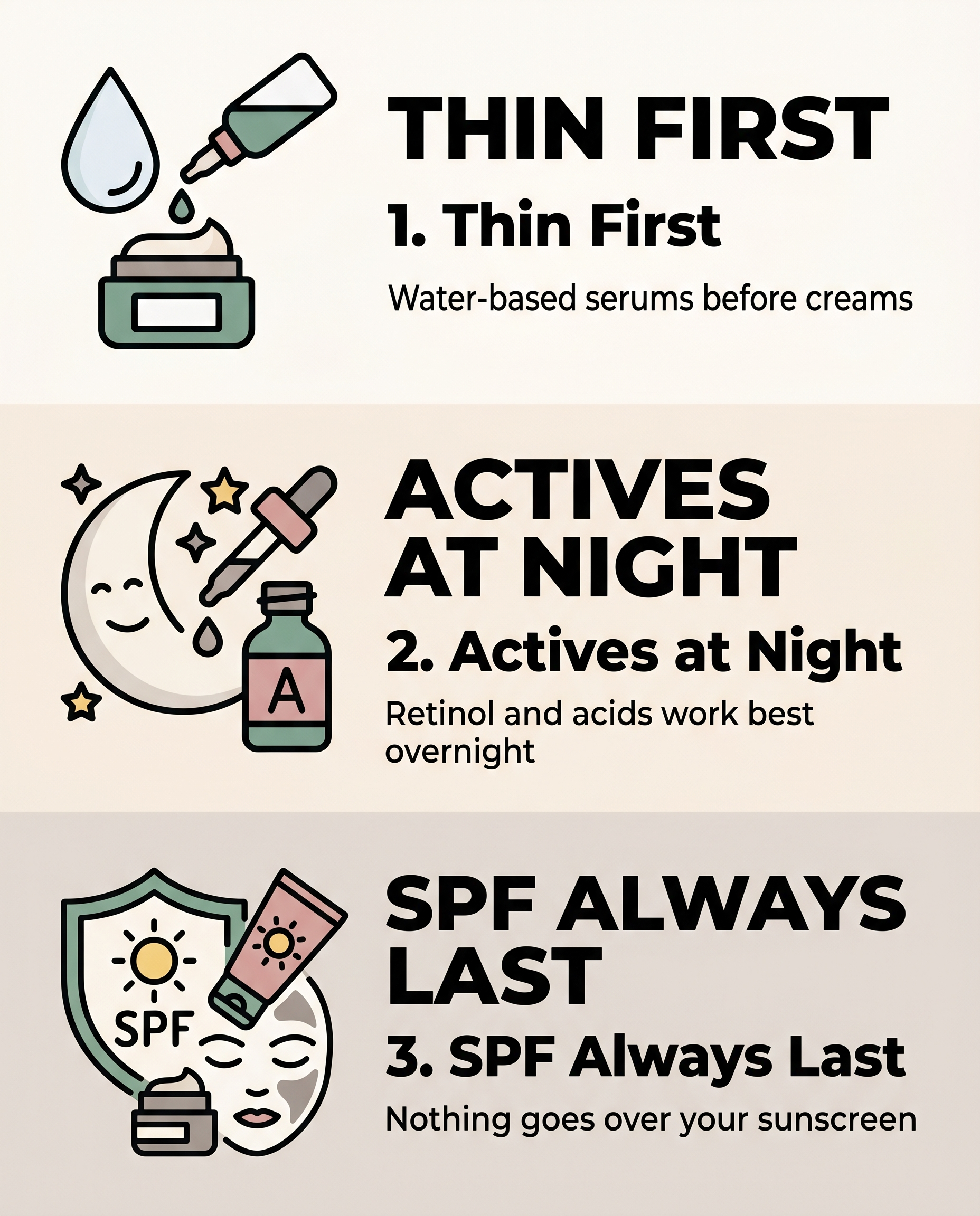 Infographic summarising three skincare layering rules: thin first, actives at night, SPF always last