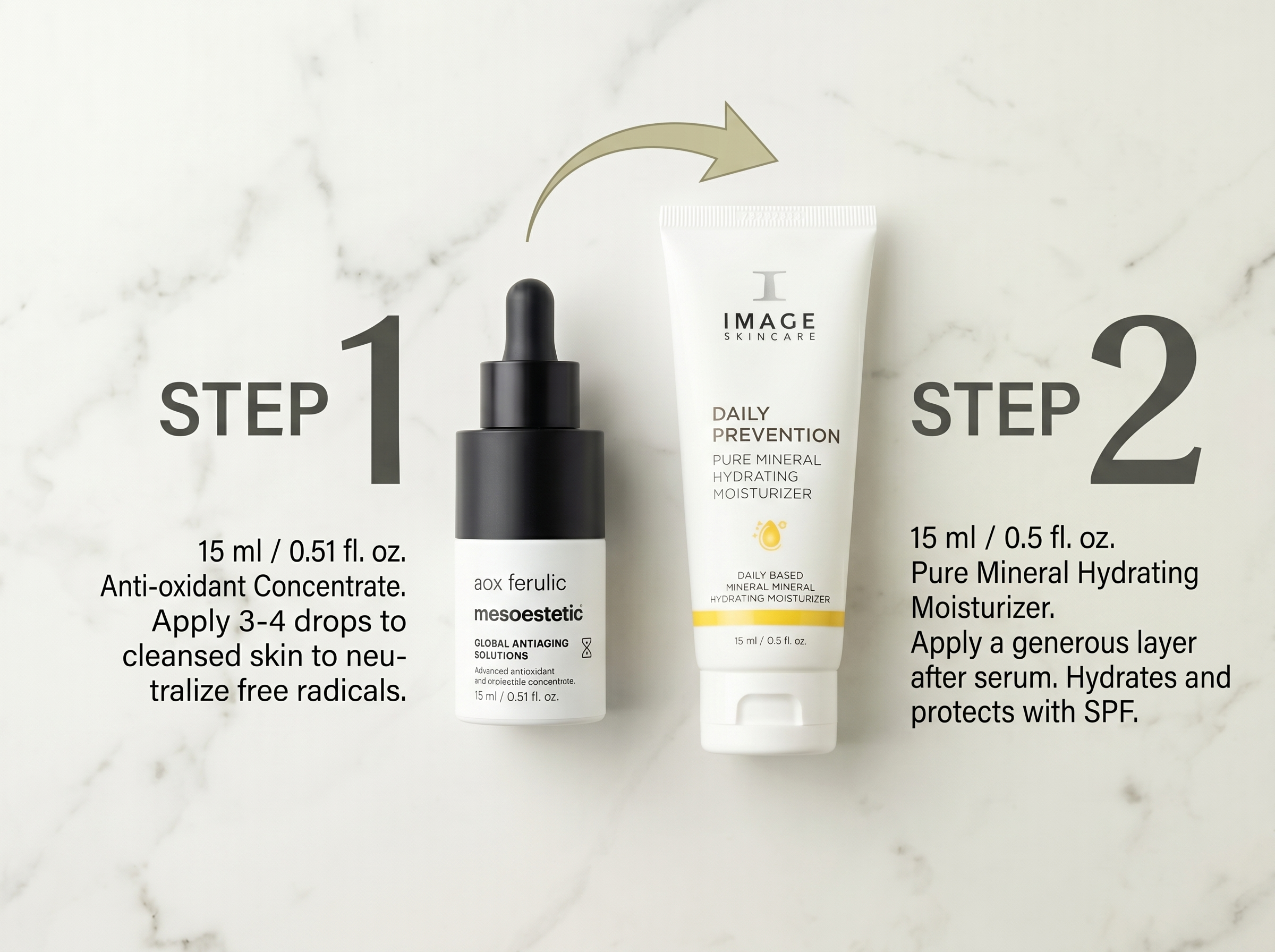 Flat lay of an antioxidant serum and a mineral SPF moisturiser arranged in morning routine order on white marble