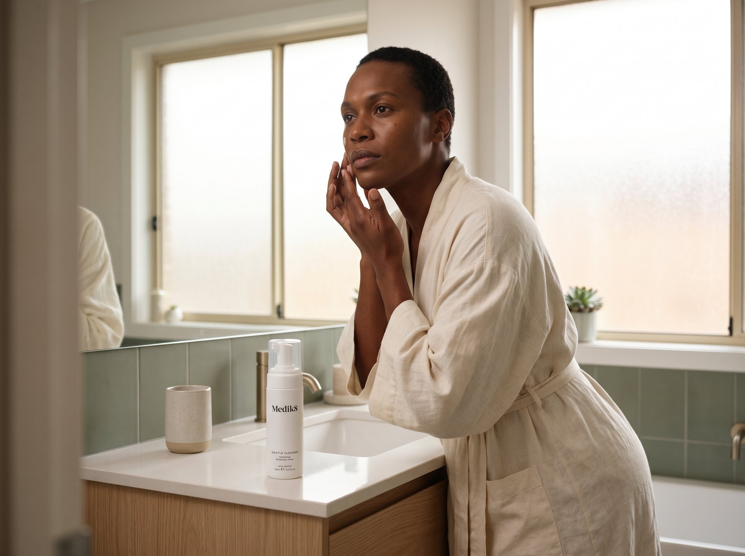 Person applying serum to clean skin in a bathroom with a gentle cleanser bottle on the counter nearby