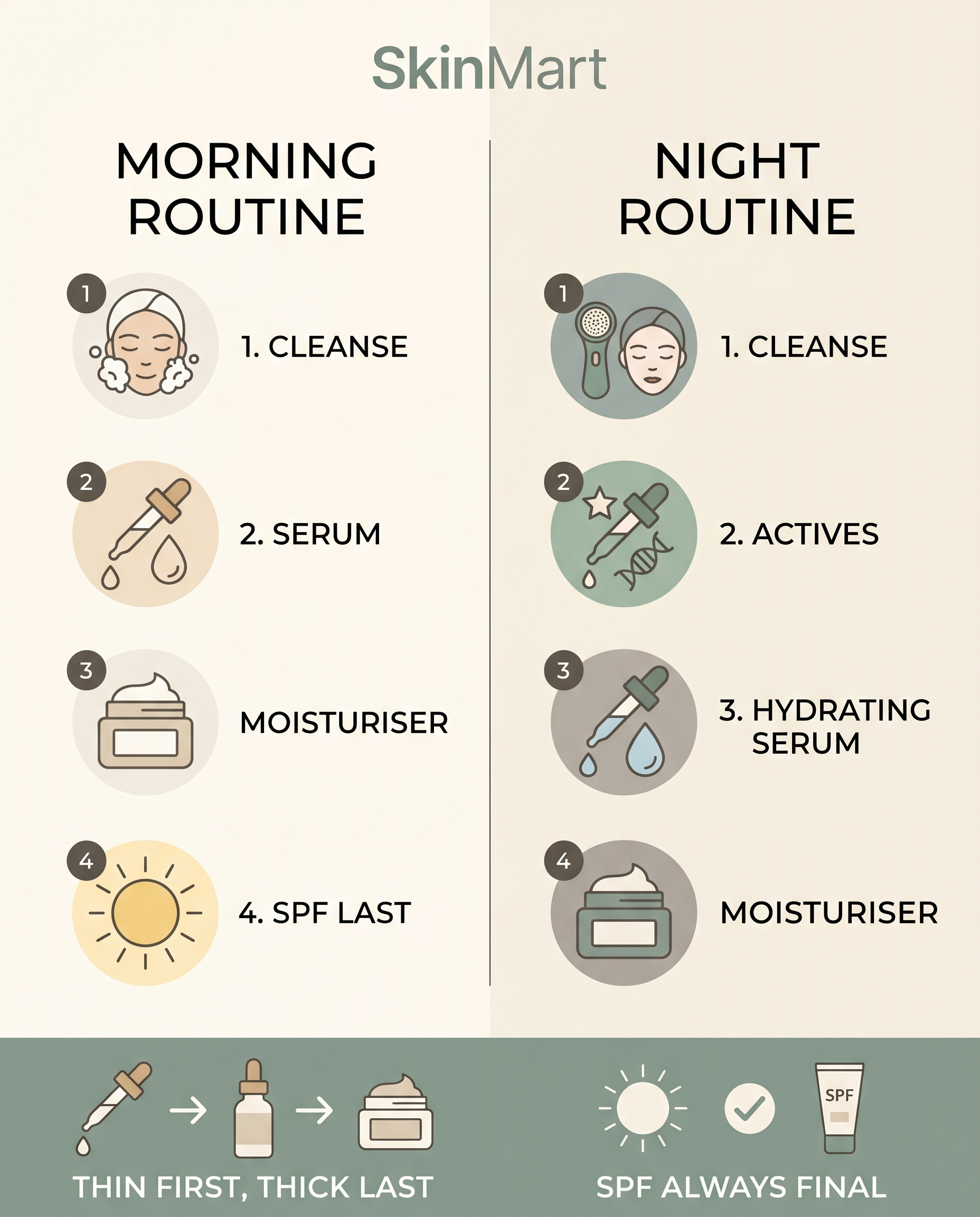 Infographic showing morning and night skincare layering order in two side-by-side columns