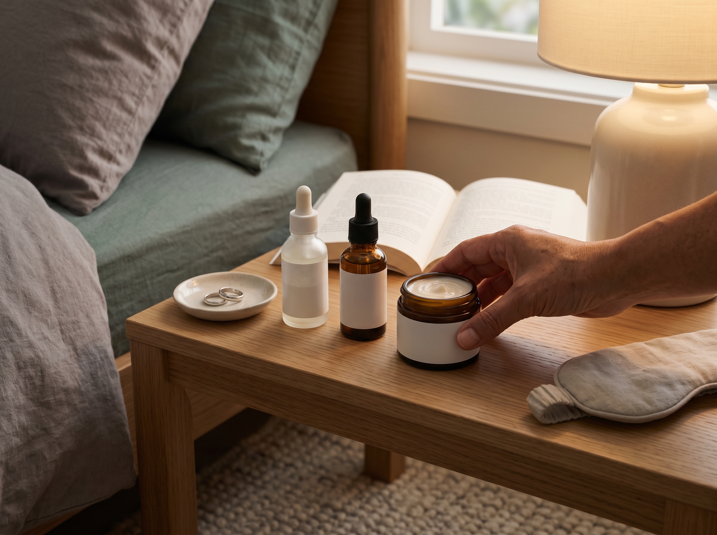 Evening skincare products including a retinol serum and night moisturiser arranged on a bedside table in warm low light