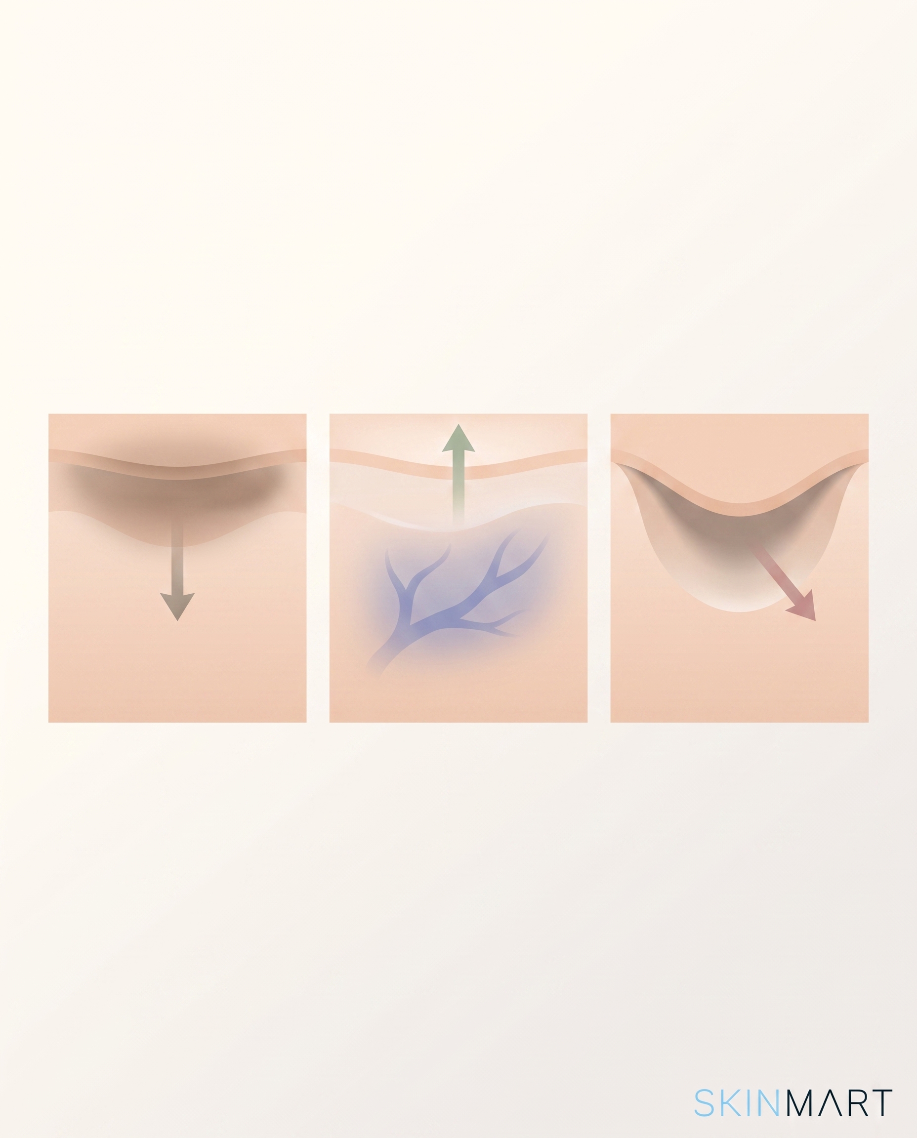 Diagram showing three causes of dark circles: pigmentation, vascular darkness, and structural hollowing