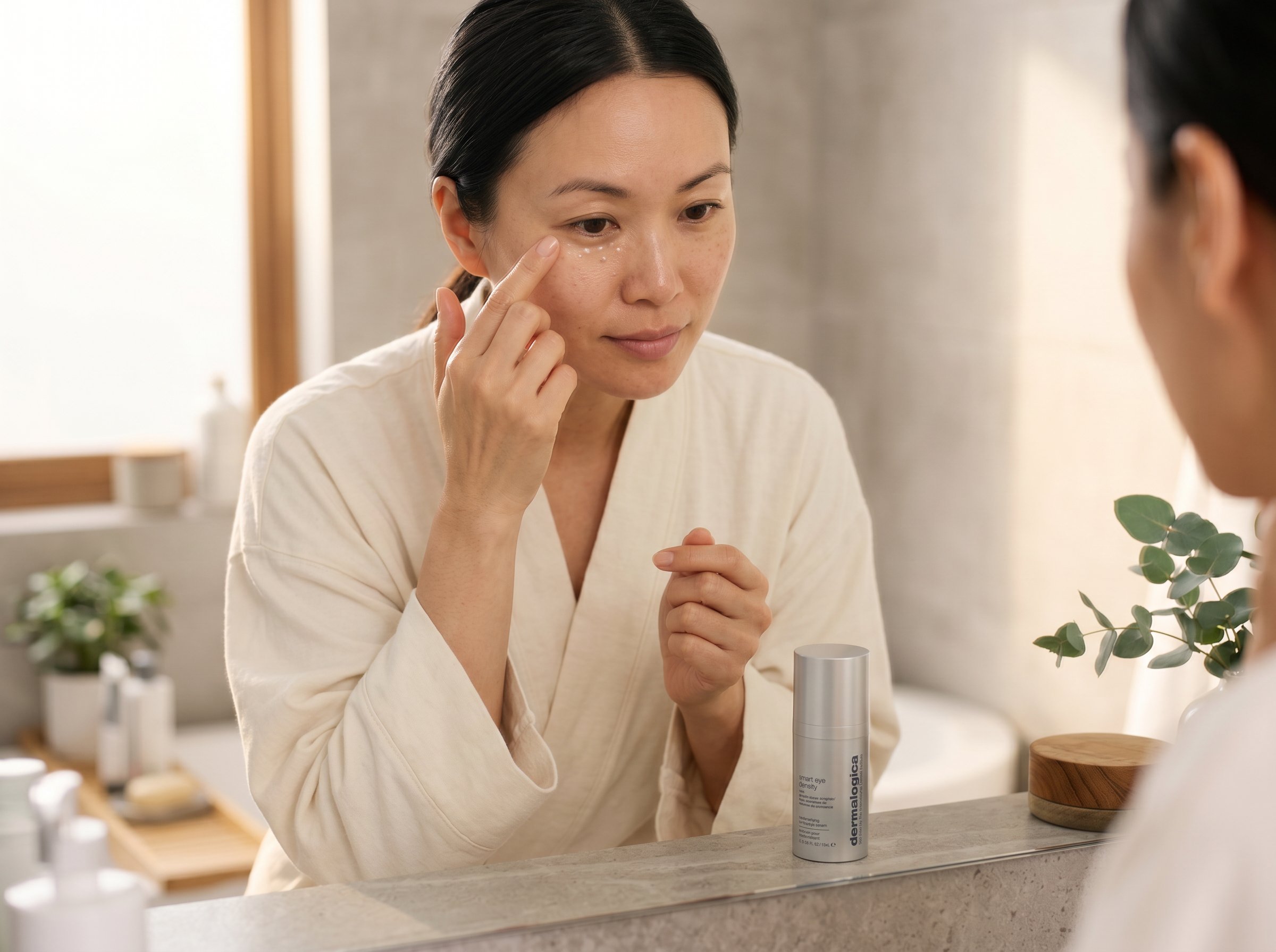 Woman applying eye serum beneath her eye using ring finger tapping technique in morning bathroom light