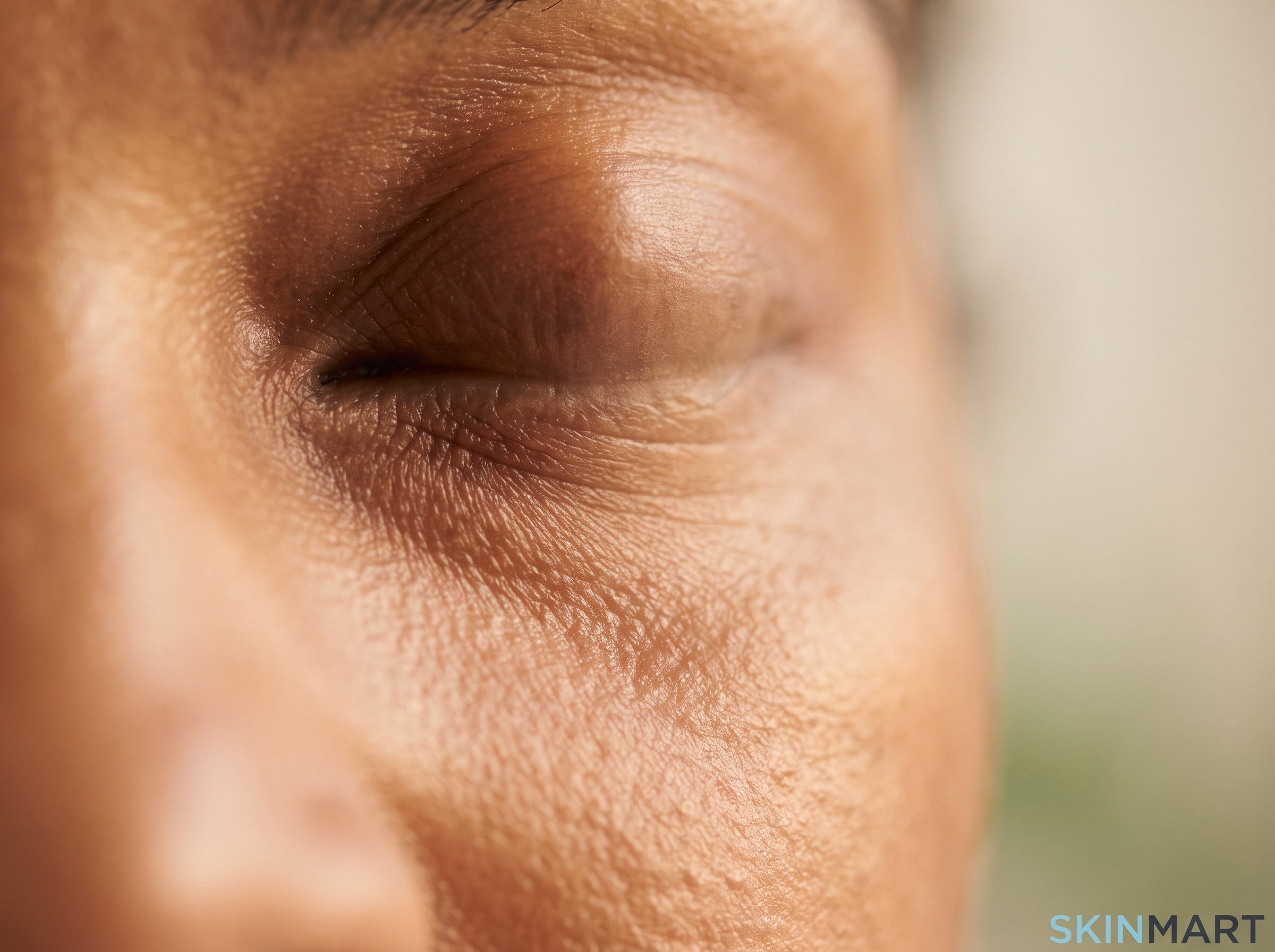 Close-up of under-eye skin showing subtle tone variation and texture in soft directional light