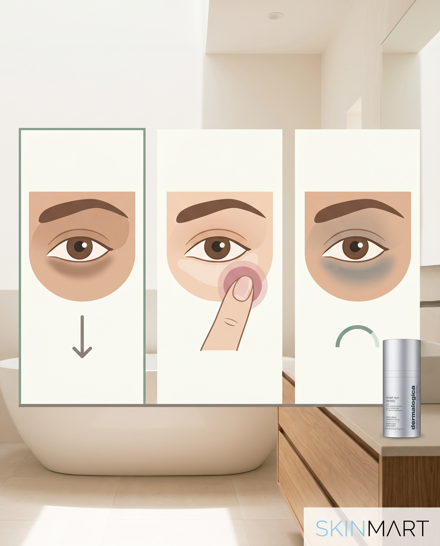 Visual guide showing how to identify dark circle cause using a gentle skin-pull test with three result panels