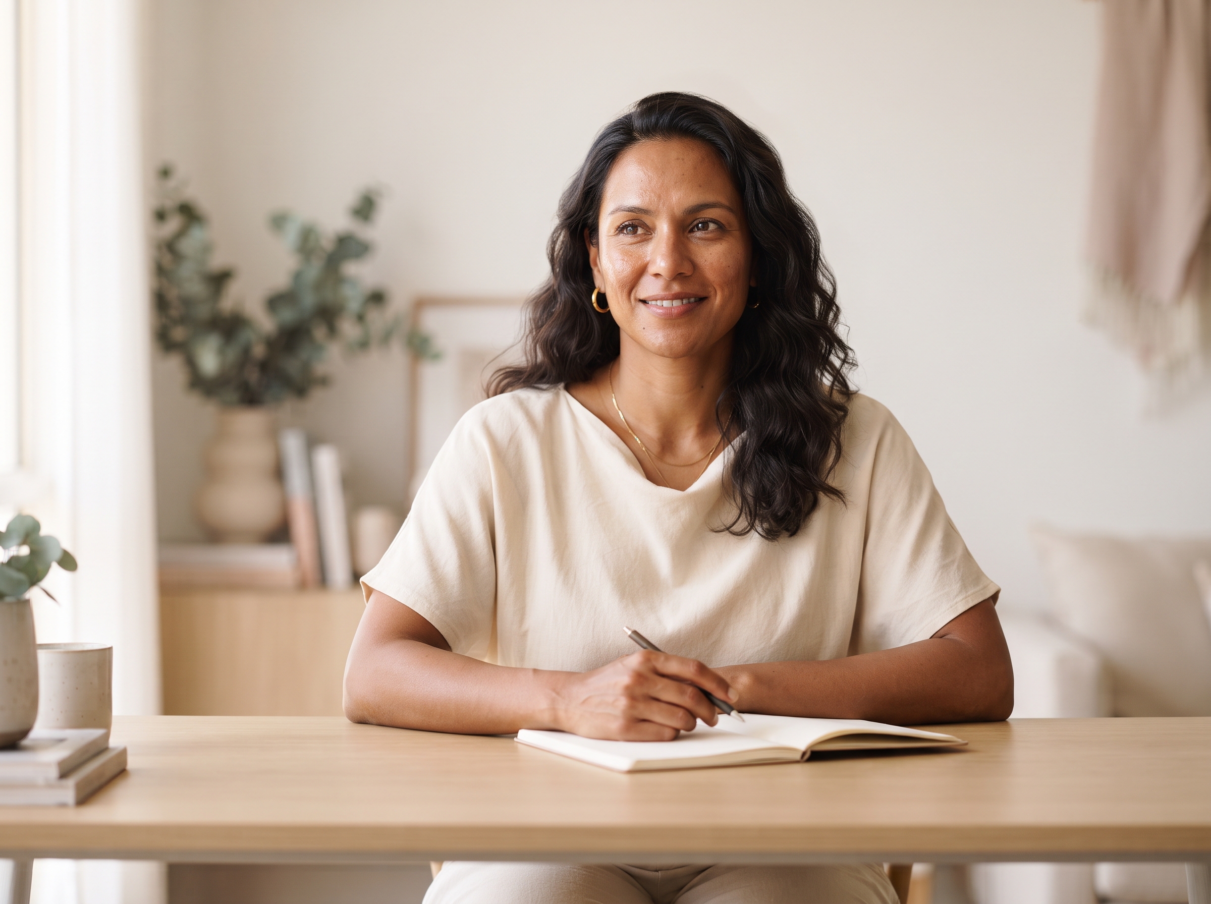 Confident woman with warm brown skin sitting at a desk in natural daylight, looking calm and engaged