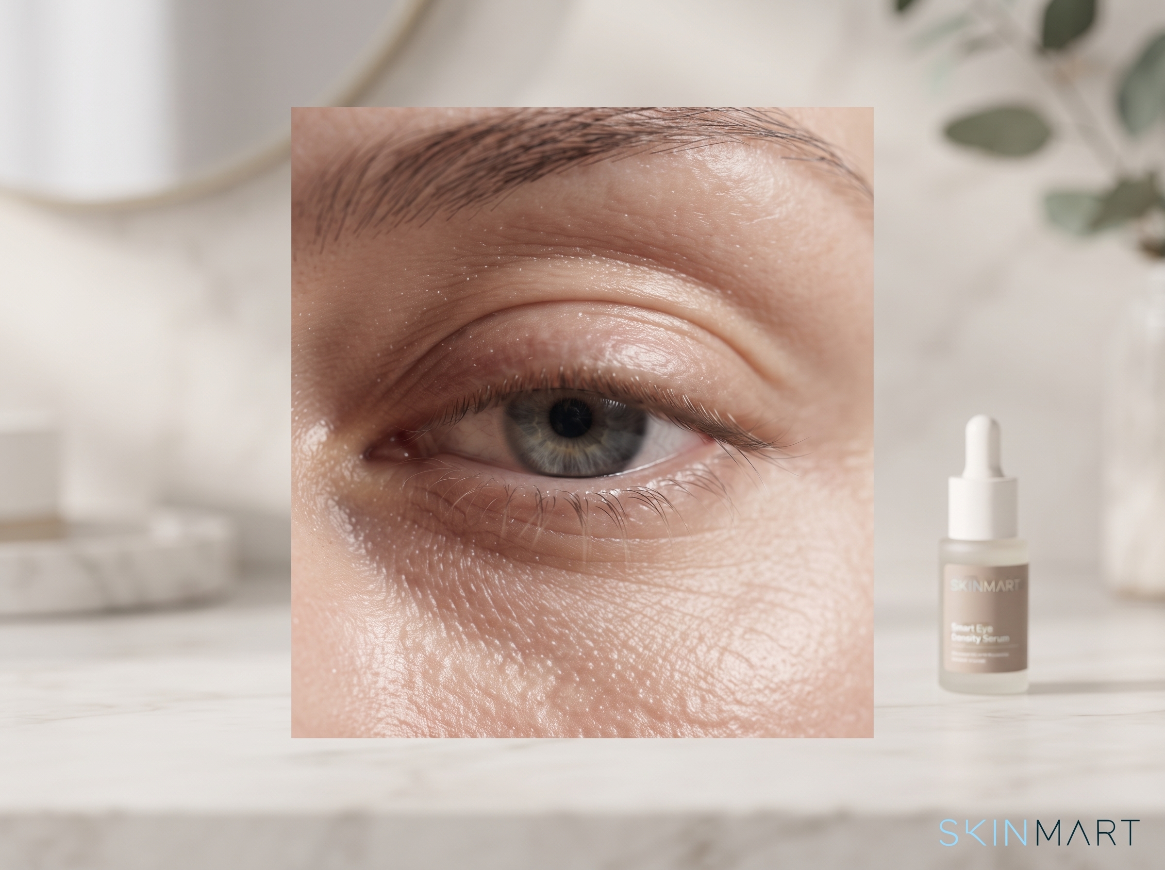 Close-up of eye area skin texture in side-light, revealing subtle surface unevenness from density loss