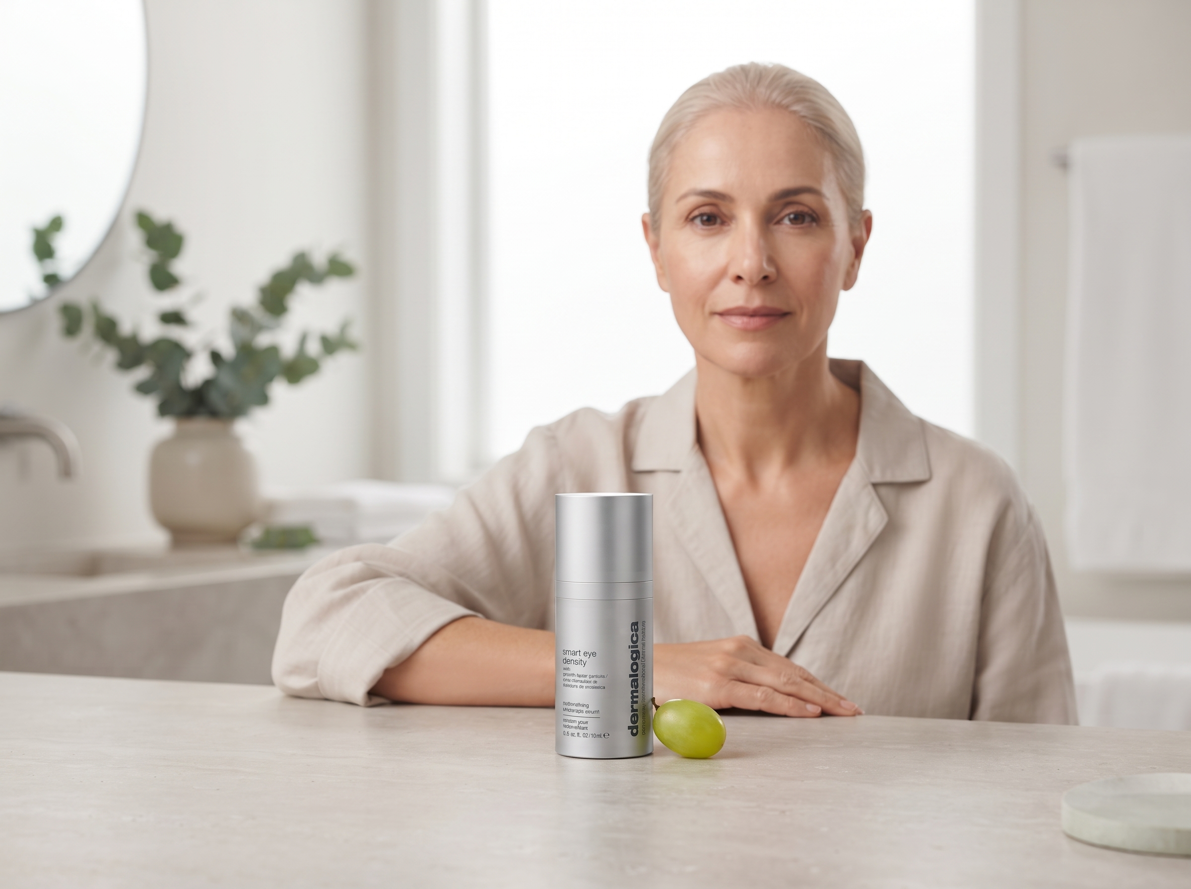 Dermalogica Smart Eye Density Booster on a stone surface beside a grape, evoking the skin density metaphor